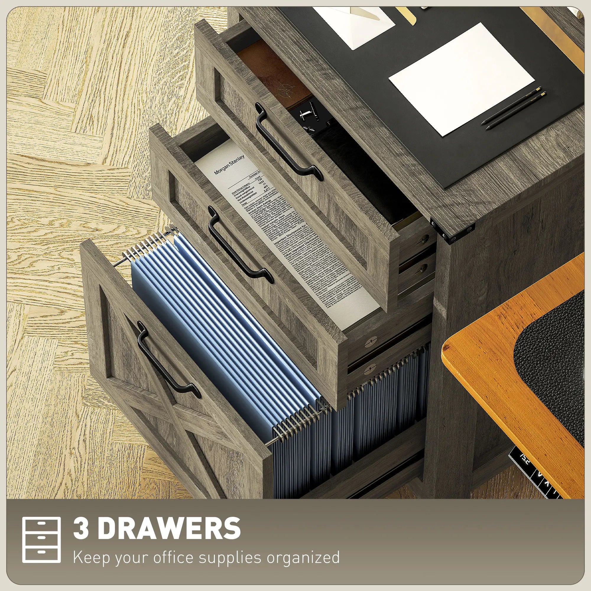 Vertical 3-Drawer Filing Cabinet, Rustic Farmhouse, A4, Letter Size, Grey Wash Office Cabinets & Cupboards at Gallery Canada