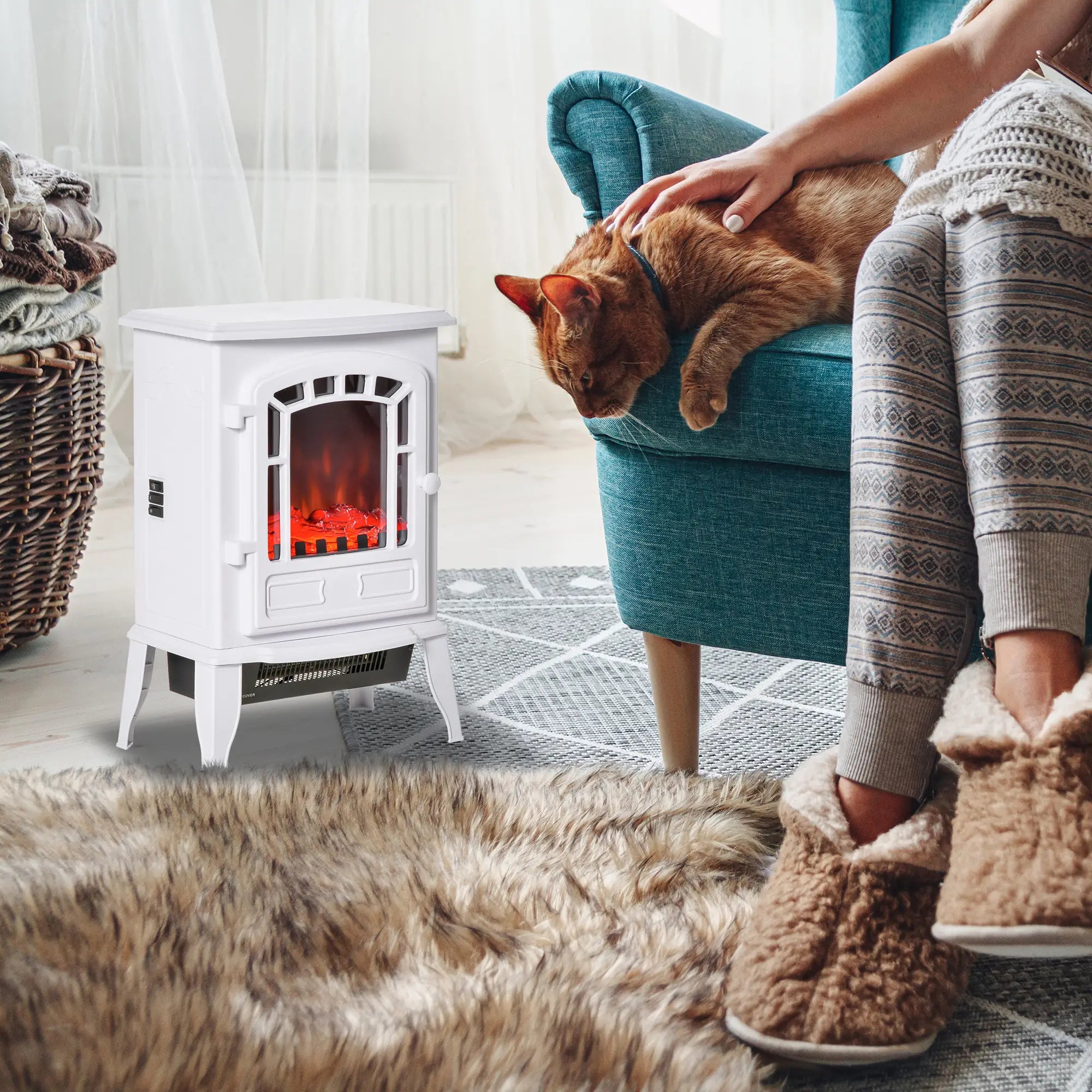 Electric Fireplace Heater, Freestanding Stove, Realistic Flame, Overheat Protection, 750W/1500W, White Electric Fireplaces at Gallery Canada