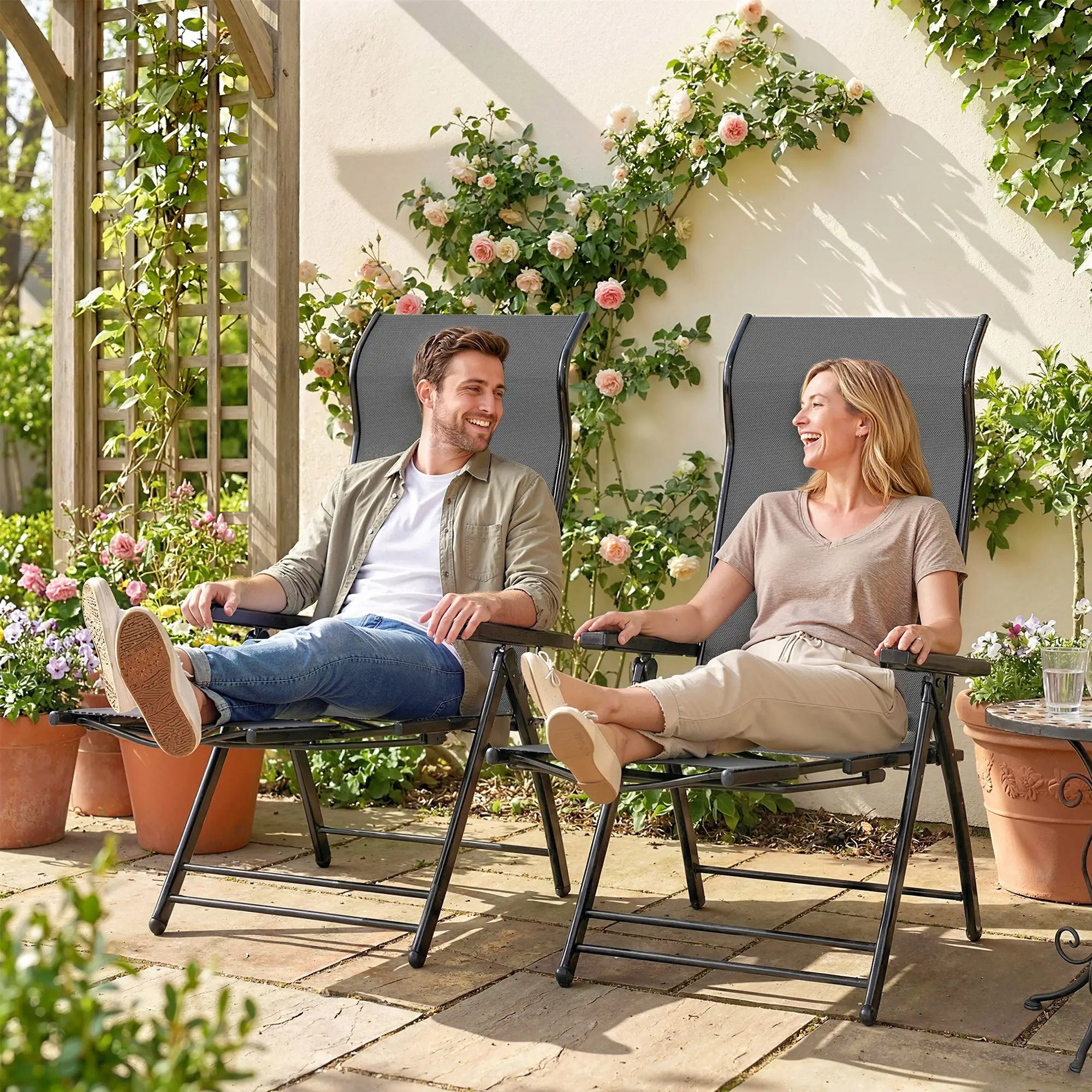 Folding Patio Chairs Set of 2, 5-Position Outdoor Lounge Chairs, Dark Grey Lounger Chairs at Gallery Canada