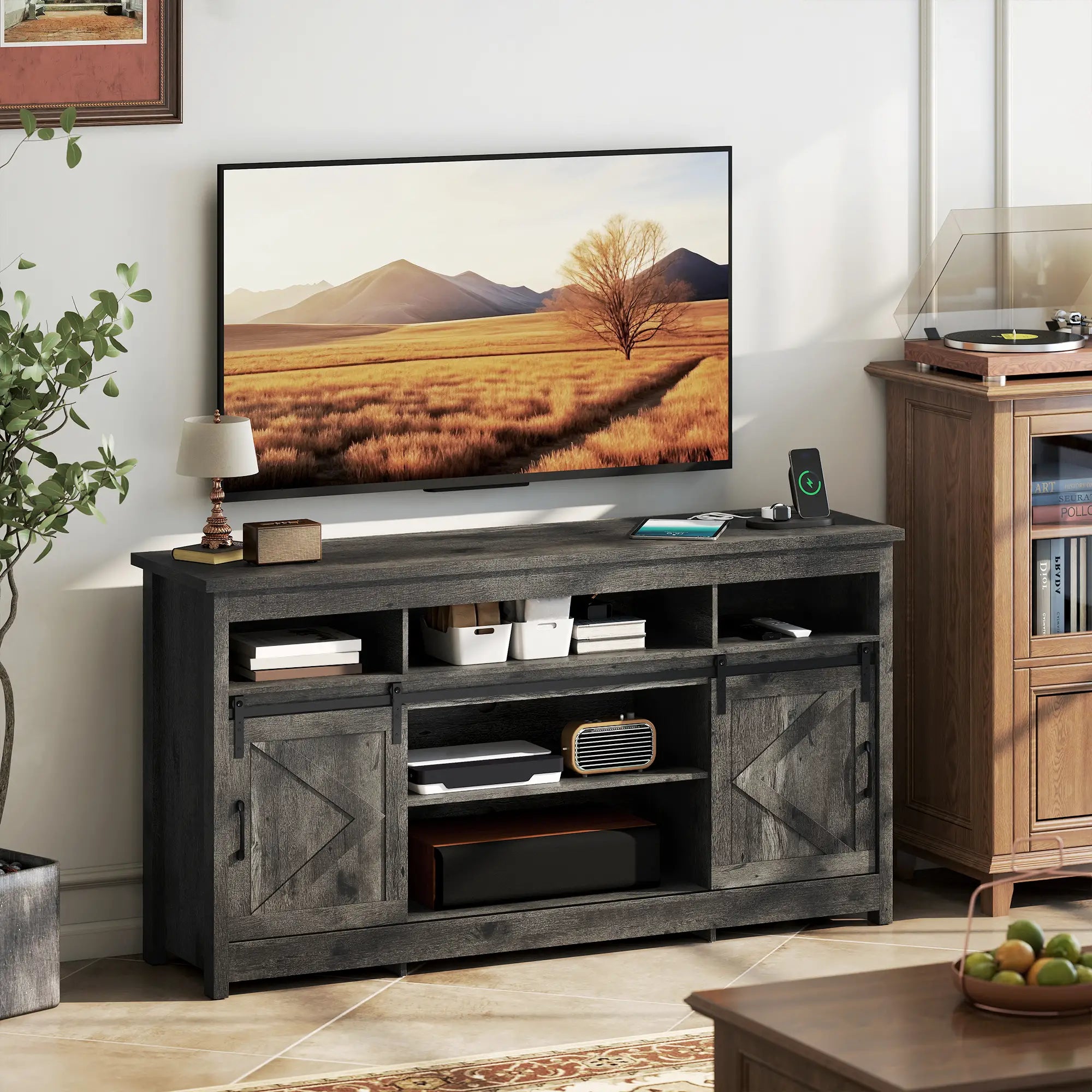 TV Stand For 72 Inch TVs, Power Outlets, Sliding Barn Doors, Dark Grey TV Stands at Gallery Canada