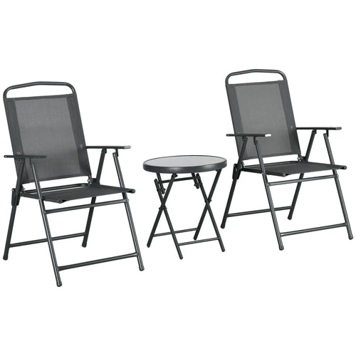 3 Piece Bistro Set, Foldable Mesh Chairs, Glass Table, Charcoal Grey