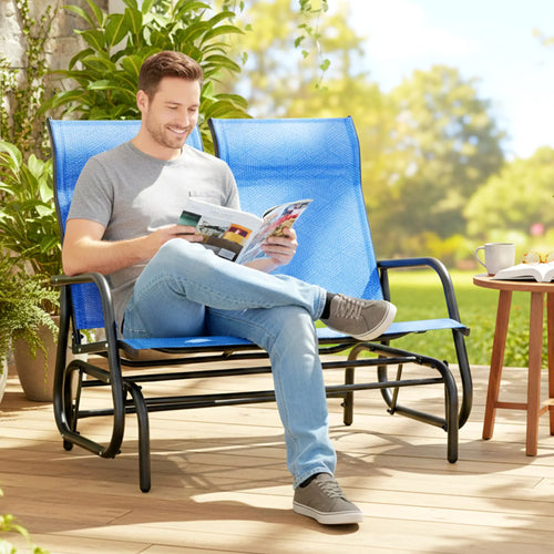 Outdoor Glider Bench, 2 Person Patio Glider, Blue