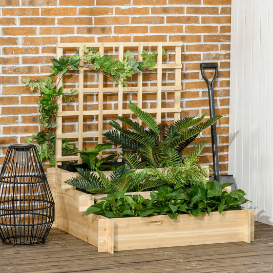 Wooden Elevated Planter Box with Trellis, 3 Tier Garden Bed, Outdoor, Natural Raised Garden Beds Natural at Gallery Canada