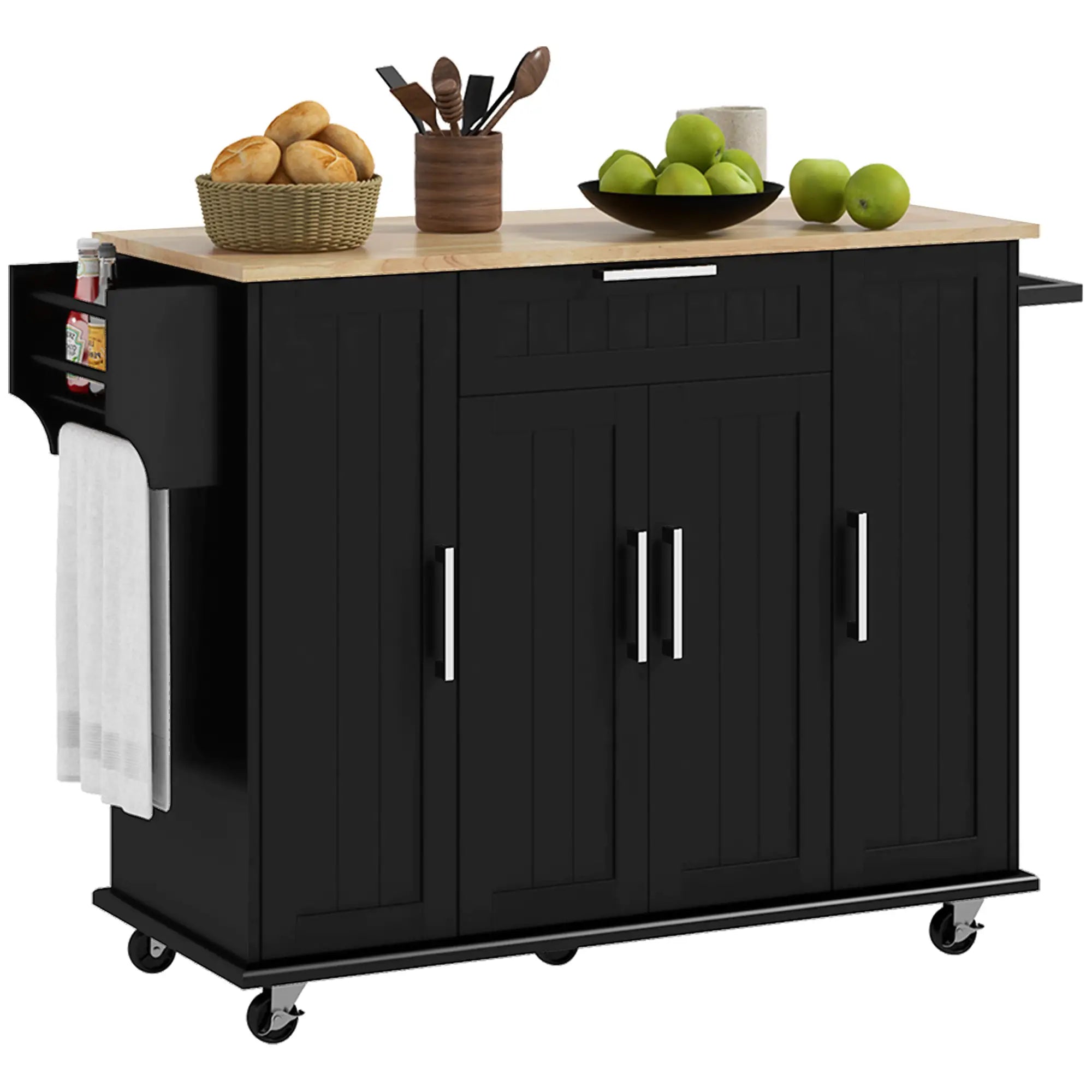 Modern Rolling Kitchen Island Cart, Natural Wood Top, Black, Black Kitchen Islands & Kitchen Carts at Gallery Canada