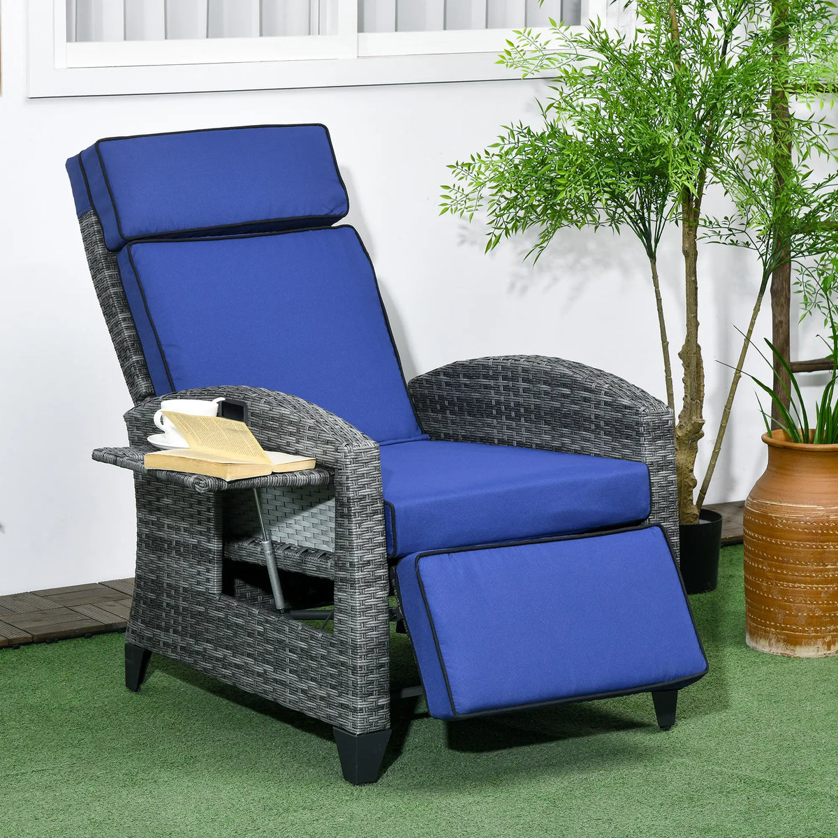 Outdoor Recliner Chair, Adjustable Backrest, Cushion, Side Tray, Dark Blue Wicker Chaise Loungers at Gallery Canada