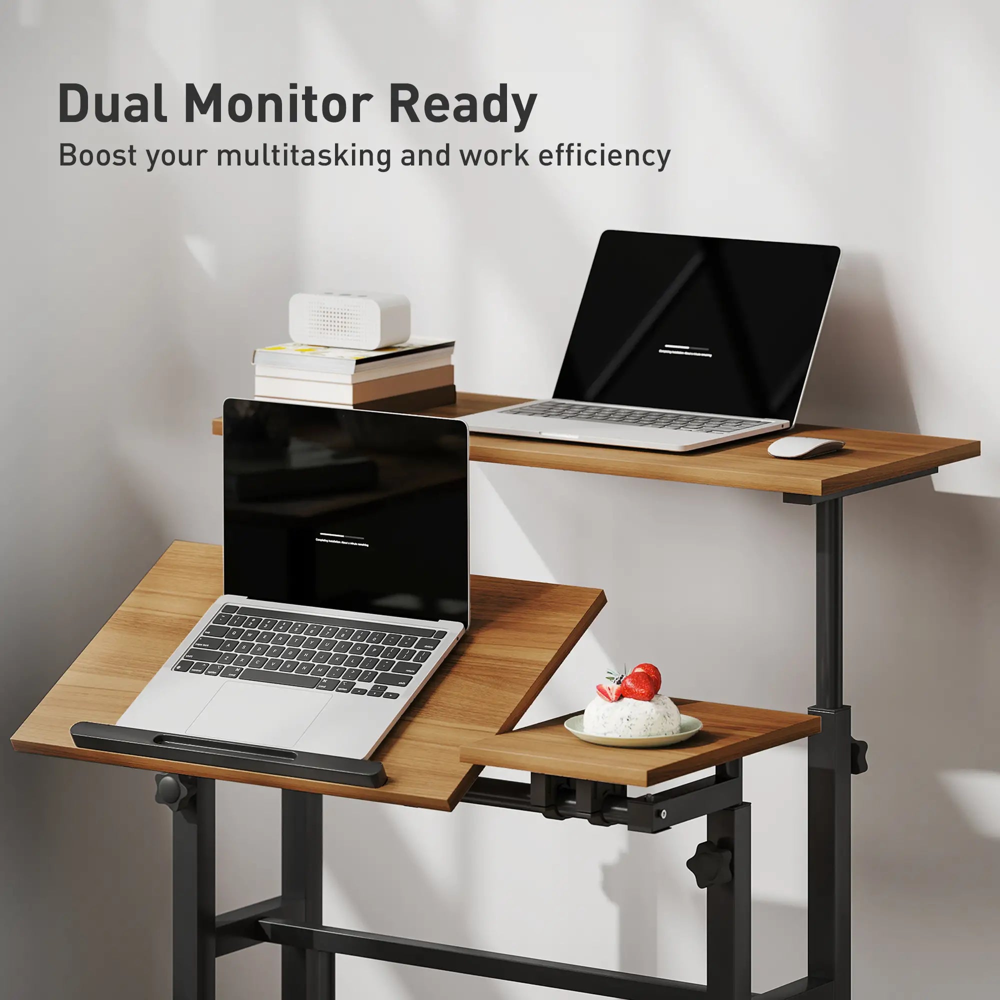 Mobile Stand Up Desk, Height Angle Adjustable, Wheels, Brown Computer Desks at Gallery Canada