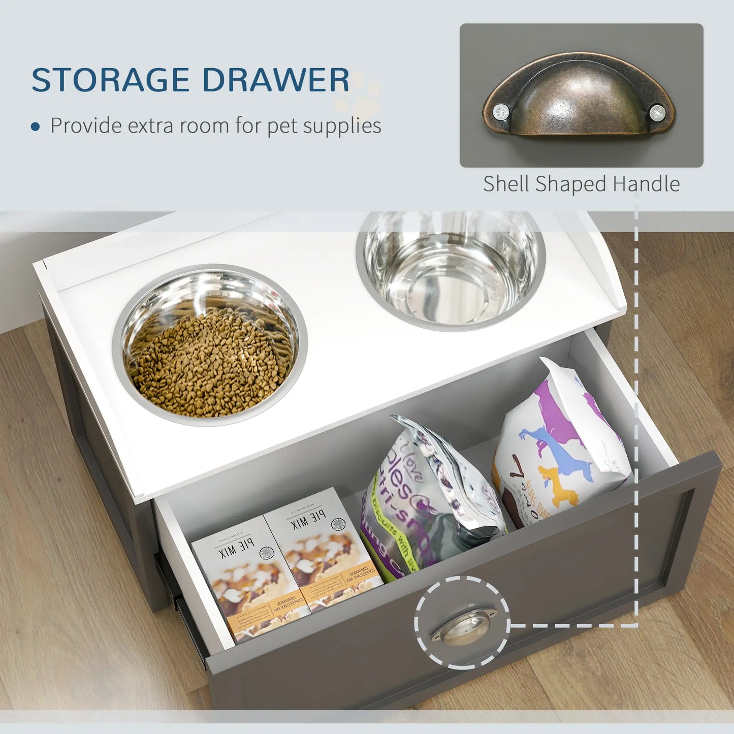 Grandes Gamelles surélevées pour Chien, Tiroir de Rangement, 2 Gamelles en Acier Inoxydable, Gris