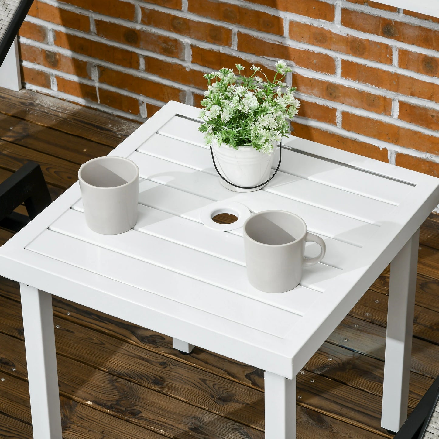 Outdoor Side Table, Patio End Table with Umbrella Hole, White