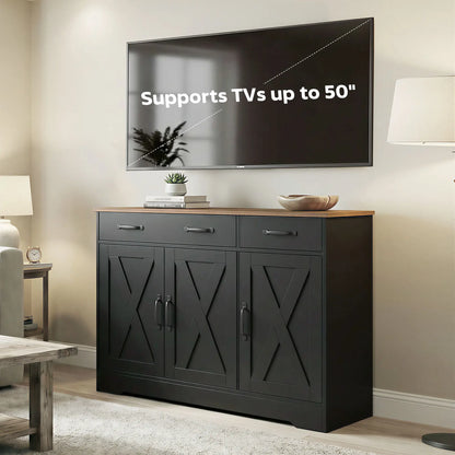 43" Sideboard Buffet Cabinet, 3 Barn Doors, 2 Drawers, Black Bar Cabinets at Gallery Canada