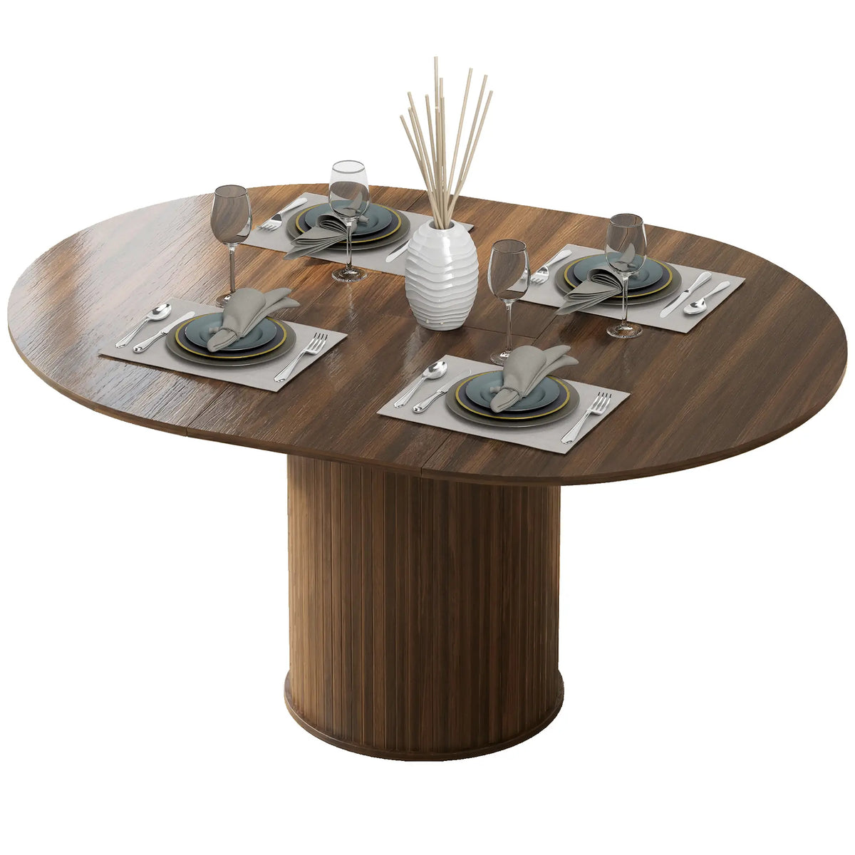 Extendable Kitchen Table, 43.5"-59", Walnut Wood Grain, Pedestal Base Dining Tables Dark Walnut Wood Grain at Gallery Canada
