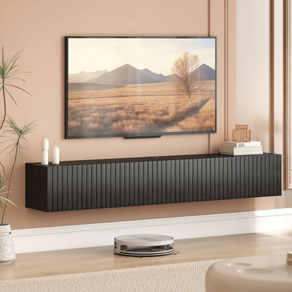 55 Inch Floating TV Stand, Wall Mount Media Console, 2 Fluted Doors, Black TV Stands at Gallery Canada