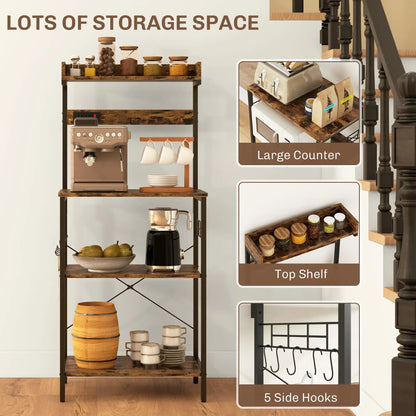 Kitchen Baker's Rack with Power Outlet, Adjustable Shelves, Rustic Brown, Brown Bar Cabinets at Gallery Canada