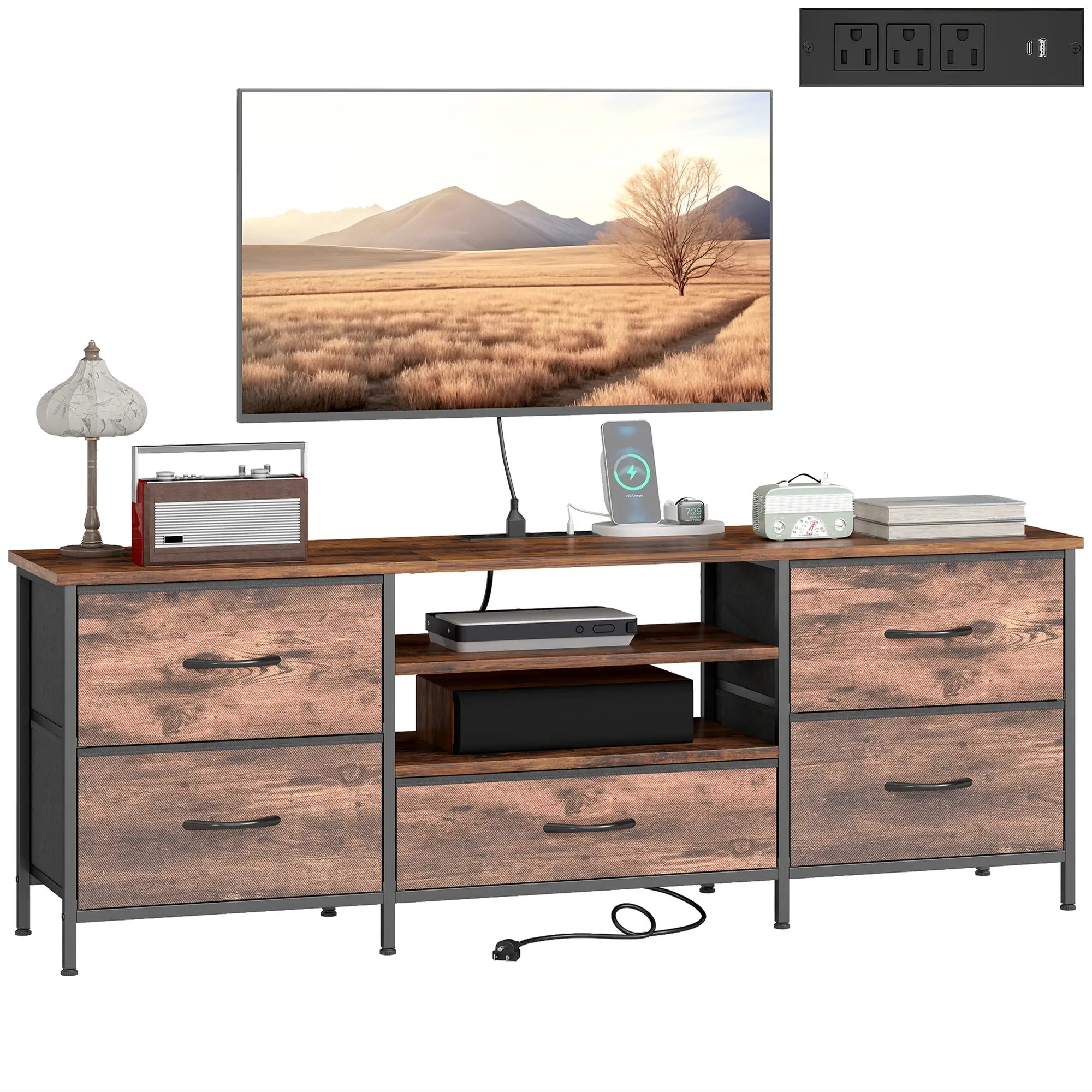 TV Stand For 65 Inch TVs, Industrial Console With Charging Station, 5 Drawers, Rustic Brown TV Stands at Gallery Canada