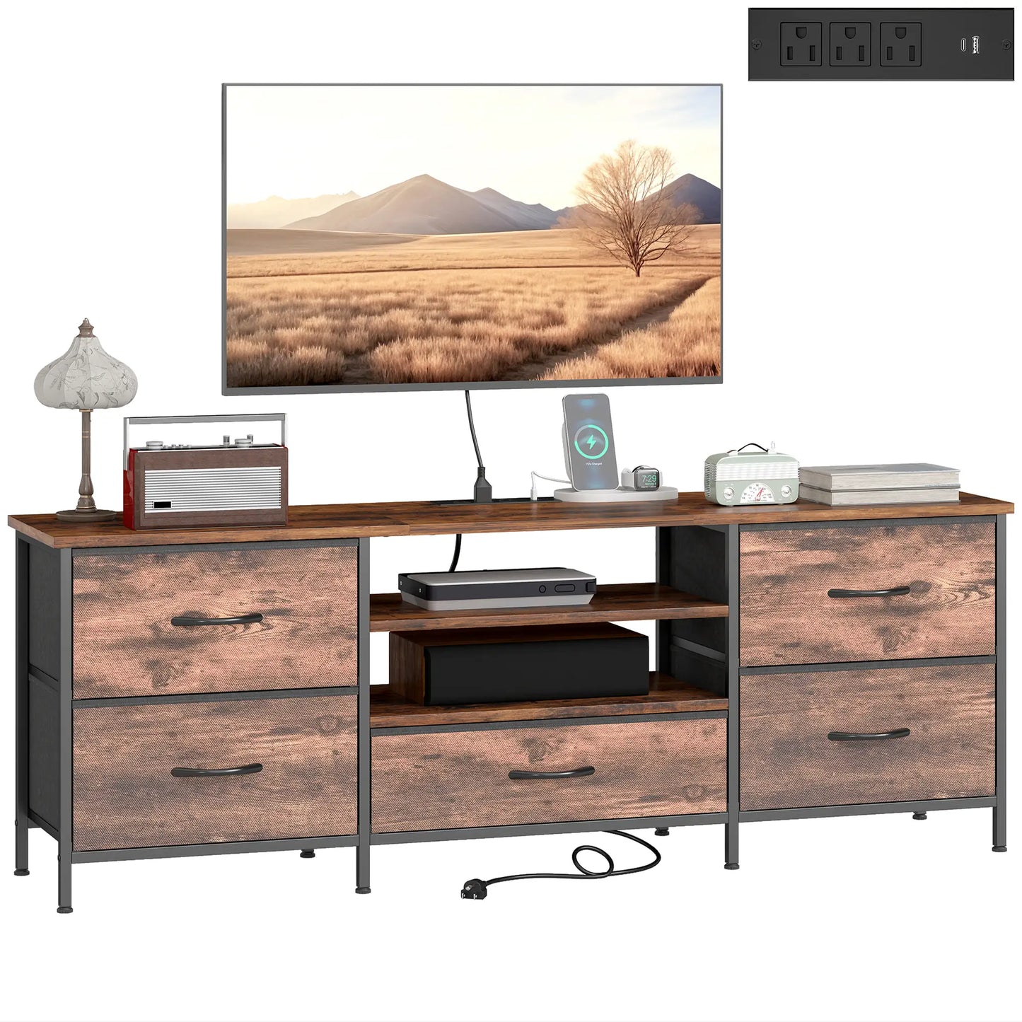 TV Stand For 65 Inch TVs, Industrial Console With Charging Station, 5 Drawers, Rustic Brown TV Stands at Gallery Canada