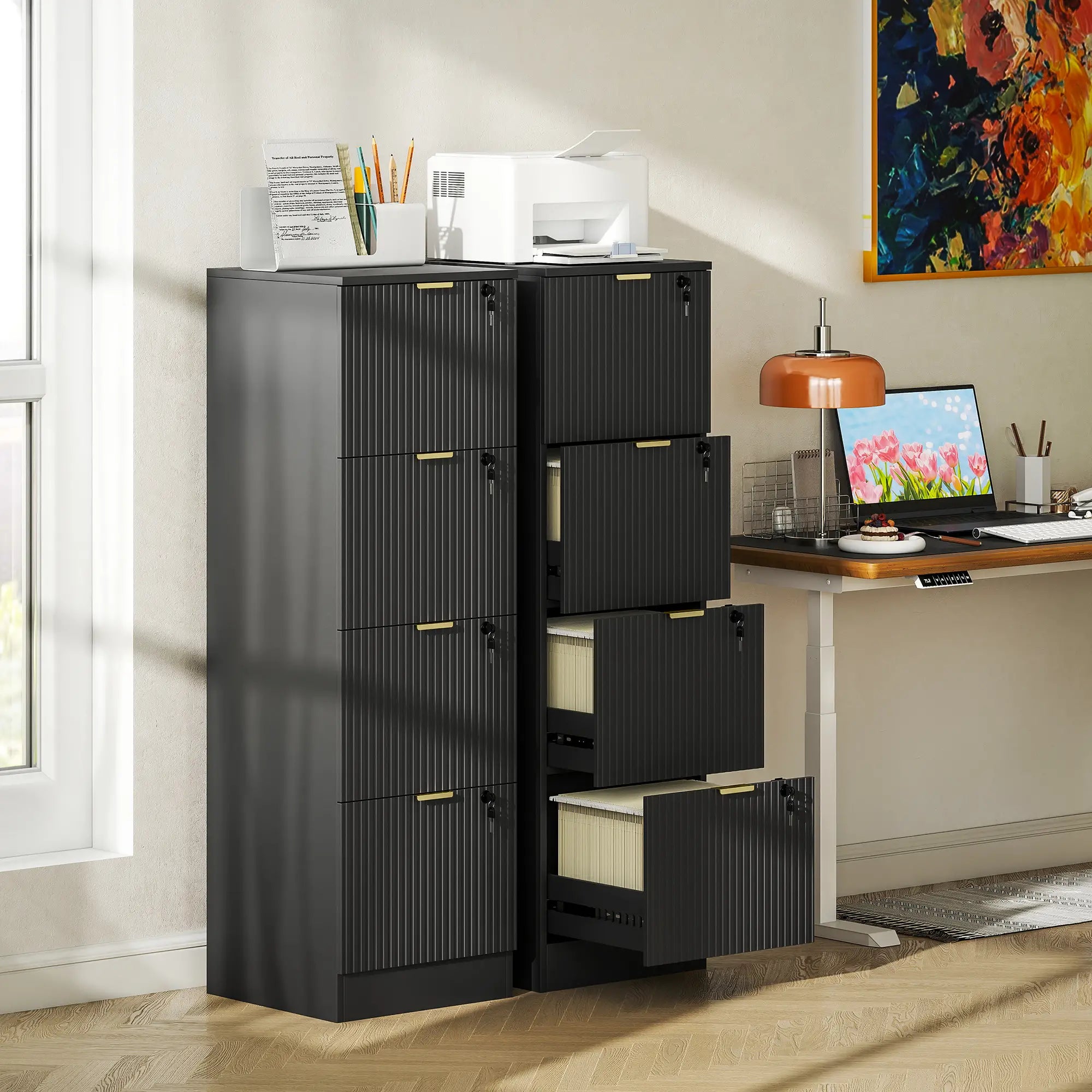 Lockable 4 Drawer Filing Cabinet, Adjustable Hanging Rails, Black Office Cabinets & Cupboards at Gallery Canada