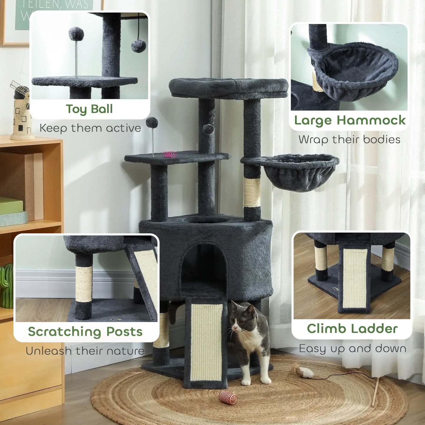 47 Inch Cat Tree, Condo, Bed, Scratching Posts, Hammock, Dark Grey Cat Trees at Gallery Canada