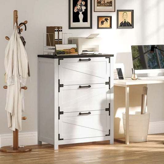 3 Drawer Filing Cabinet, Farmhouse Office Storage, Adjustable Hanging Bars, Letter, A4, Legal Size, White Office Cabinets & Cupboards White at Gallery Canada