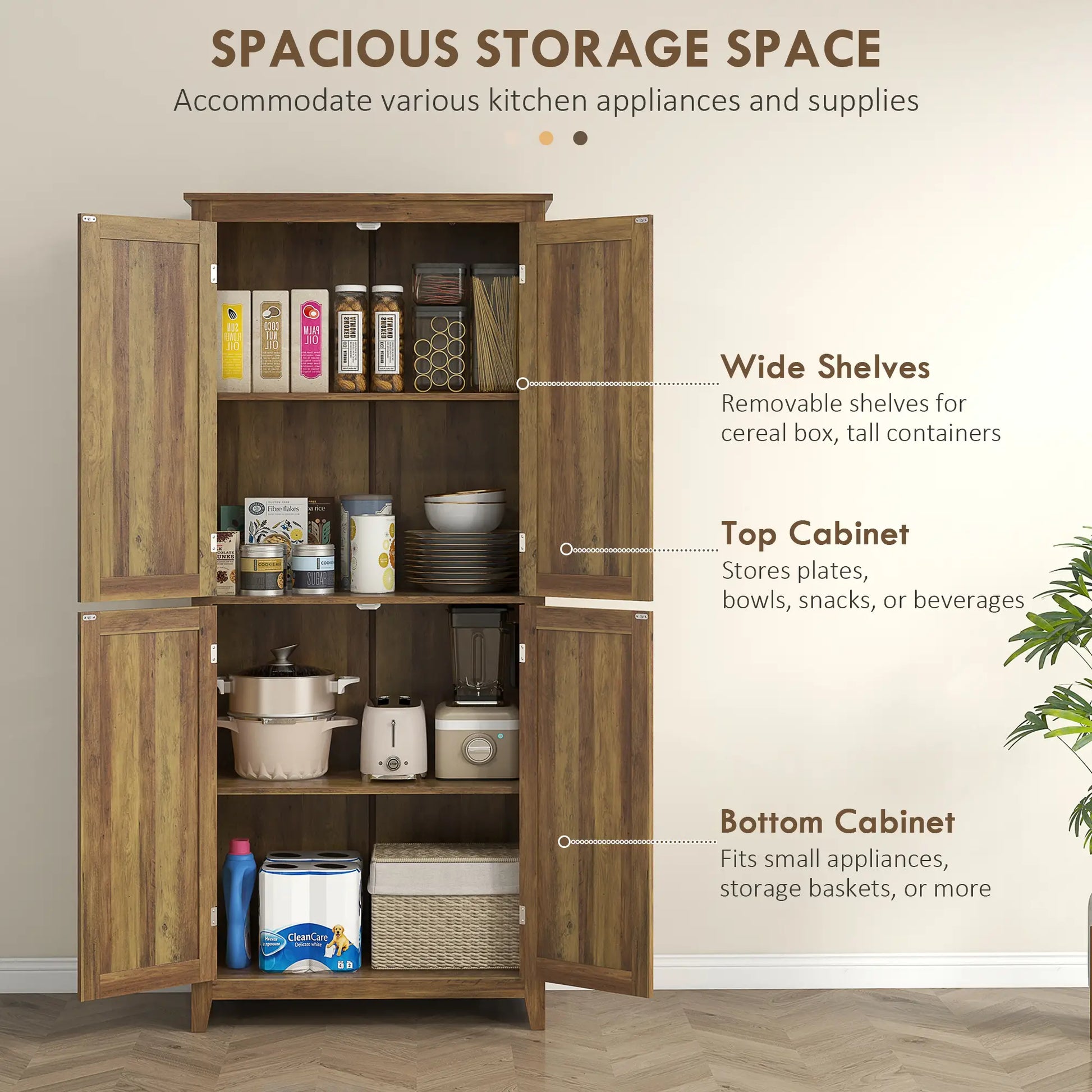 72" Freestanding Storage Cabinet, Kitchen Pantry with Doors, Shelves, Brown Kitchen Pantry Cabinets at Gallery Canada