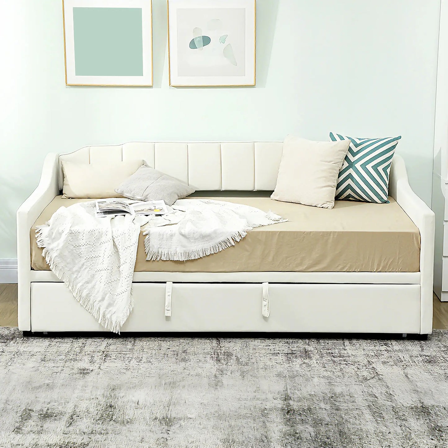Upholstered Twin Trundle Bed, Extendable Twin To King, Cream White