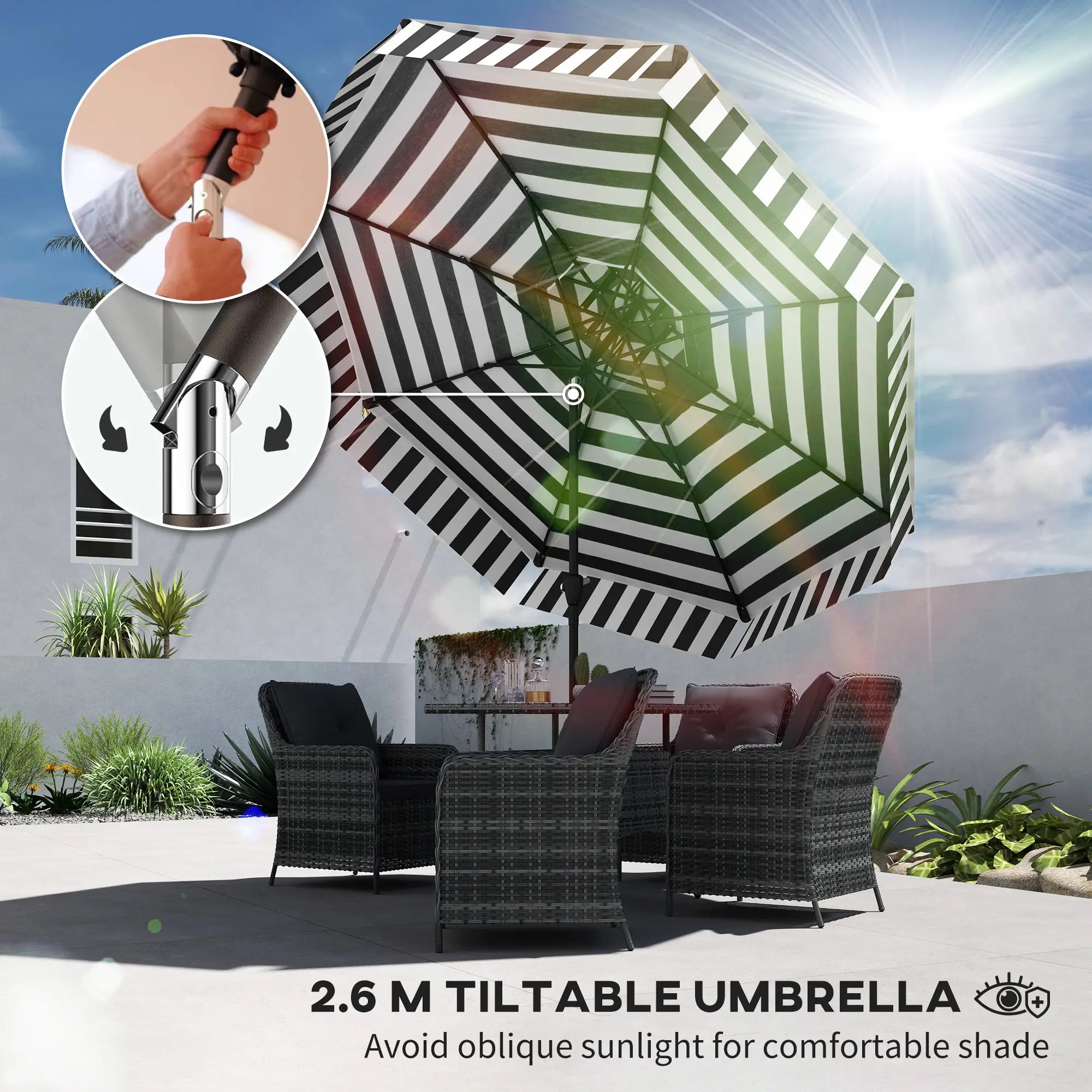 8.6 ft Patio Umbrella, UPF 30+, Crank, Tilt, 8 Ribs, Black Sun Umbrellas at Gallery Canada
