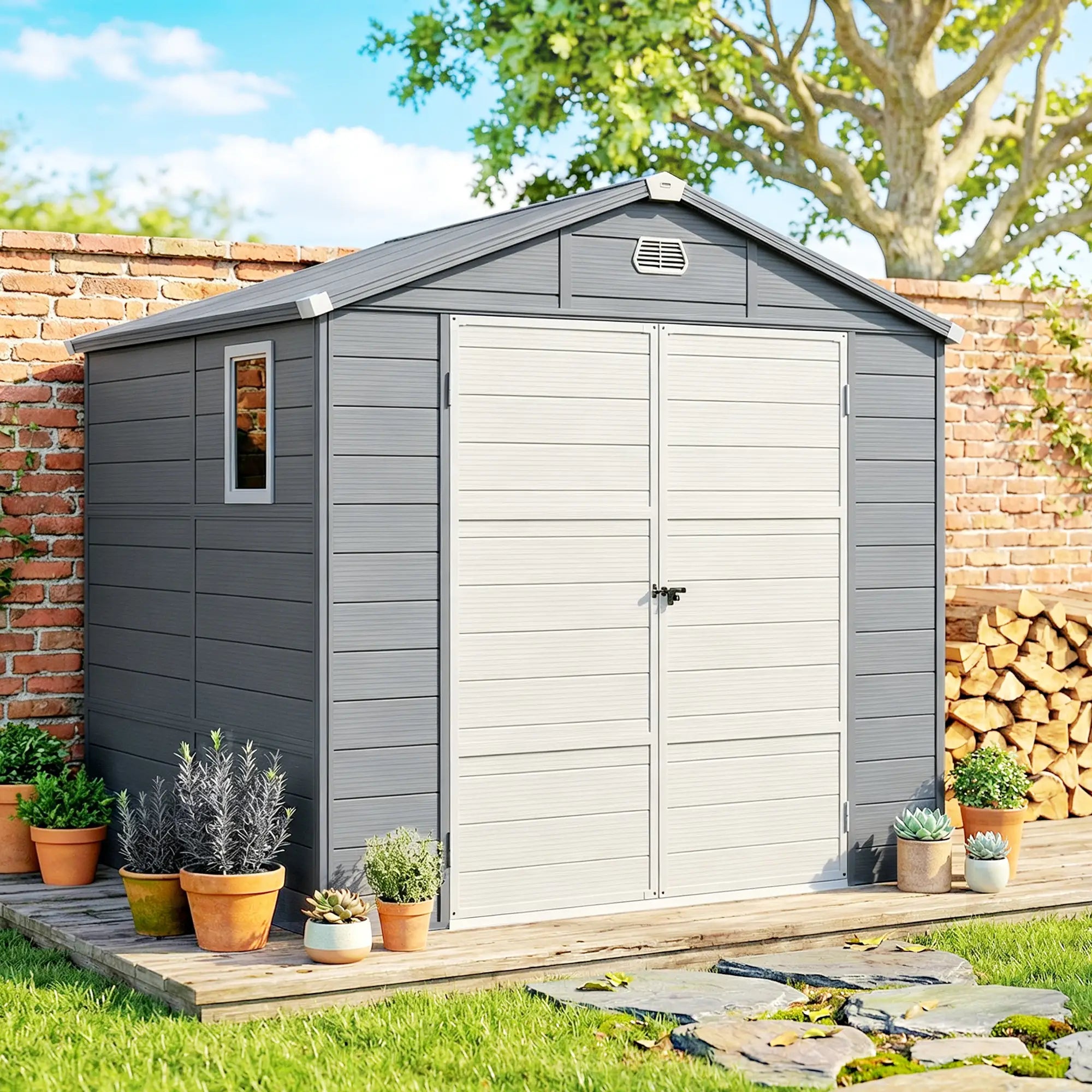 Small Garden Shed, Latch Door, Vents, Sloped Roof, 8x6, Light Grey Sheds at Gallery Canada