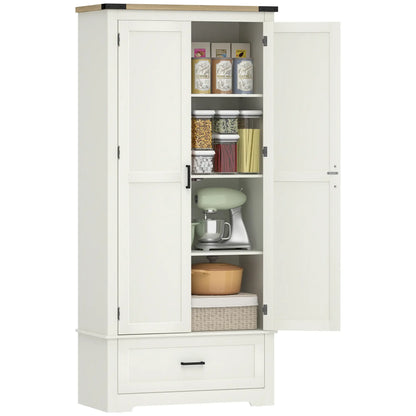 69" Tall Farmhouse Pantry Cabinet, 2 Doors, Drawer, Cream White Kitchen Pantry Cabinets at Gallery Canada