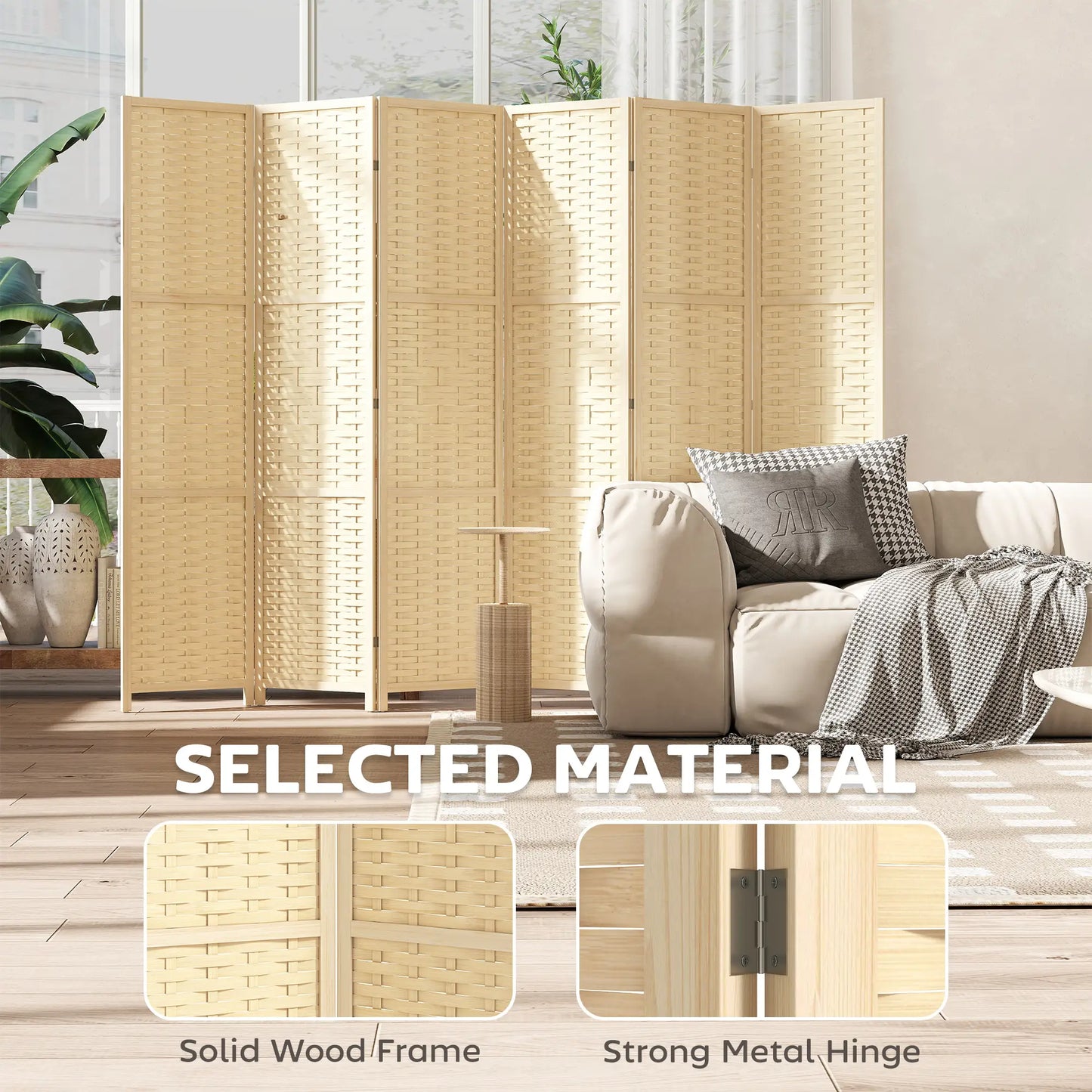 6-Panel Room Divider, 5.6 FT Freestanding Folding Privacy Screen, Natural Wood Room Dividers at Gallery Canada