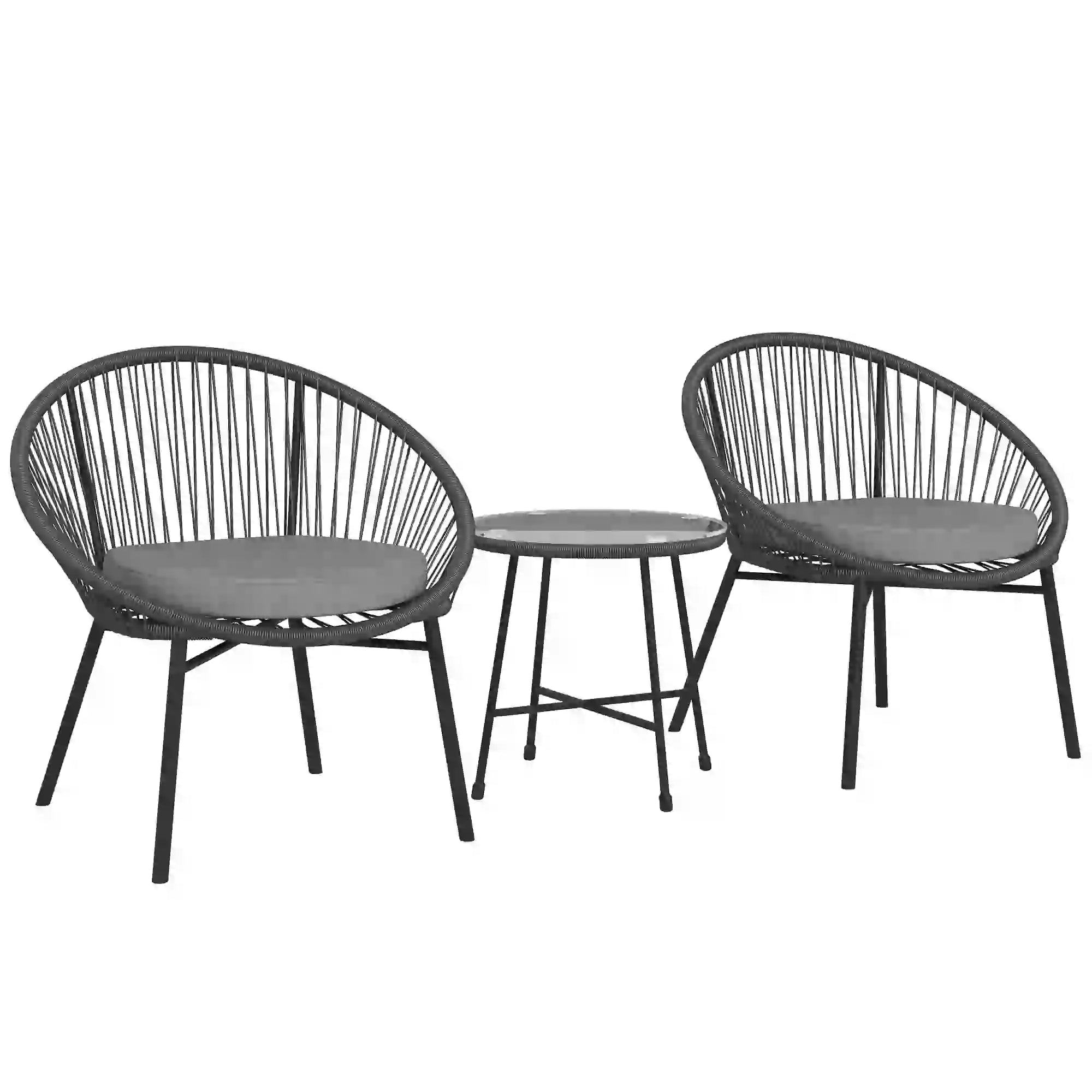 3-Piece Wicker Patio Set, Soft Cushions, Glass Tabletop, Black Bistro Sets Black, Grey at Gallery Canada