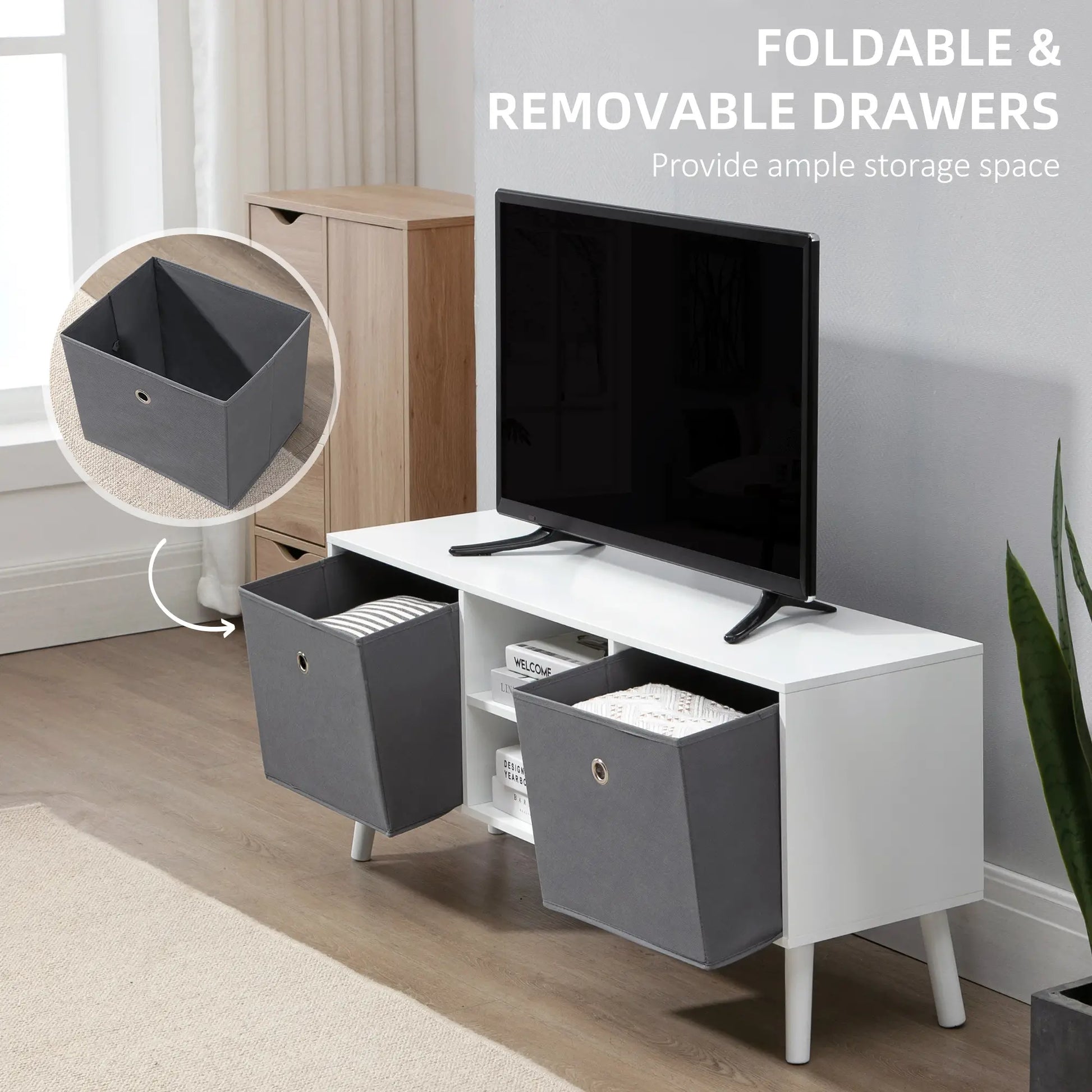 Modern TV Stand with Foldable Drawers, Shelves, White TV Stands at Gallery Canada