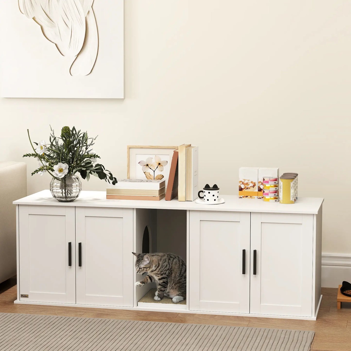 Cat Litter Box Enclosure, Double Room, Scratching Board, 57" x 19" x 20", White Cat Litter Box Enclosures at Gallery Canada