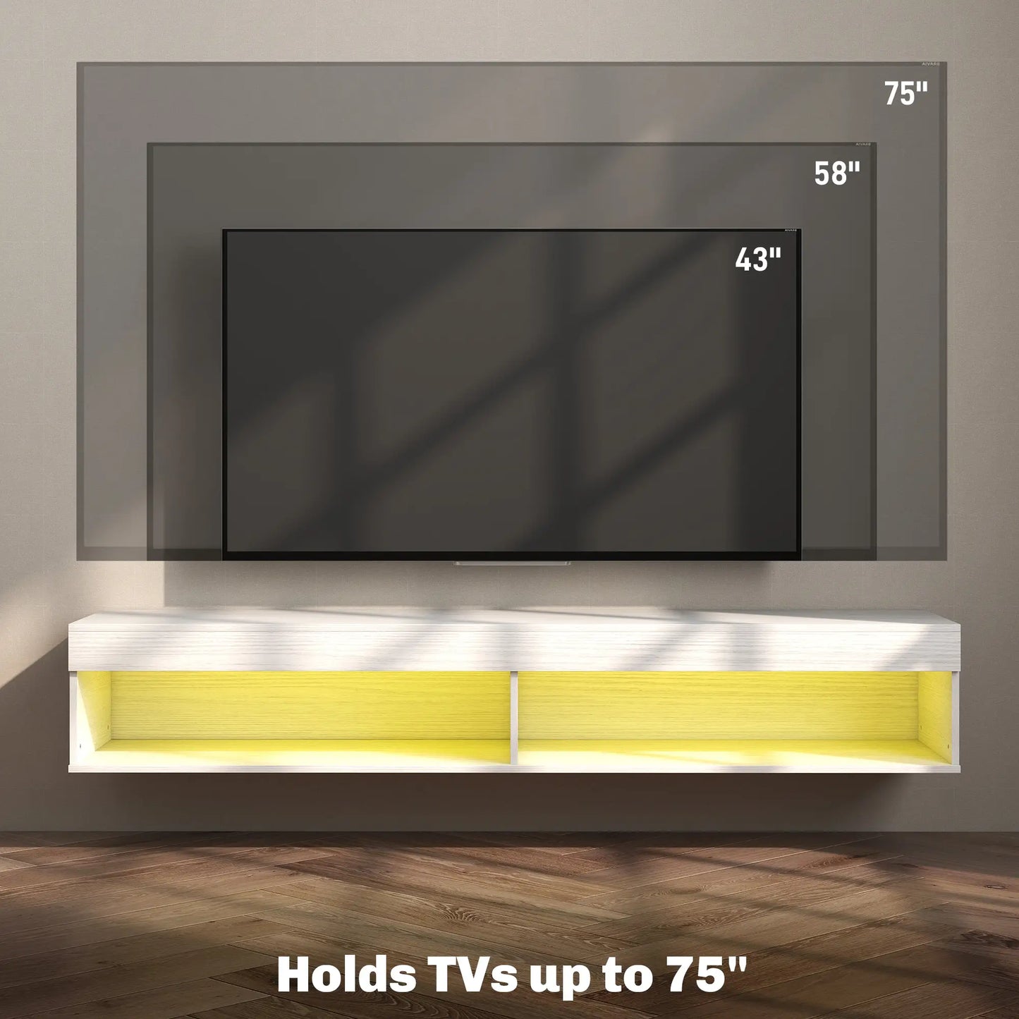 Wall Mounted TV Stand With Storage, LED Lights, For TVs Up To 75", White TV Stands at Gallery Canada