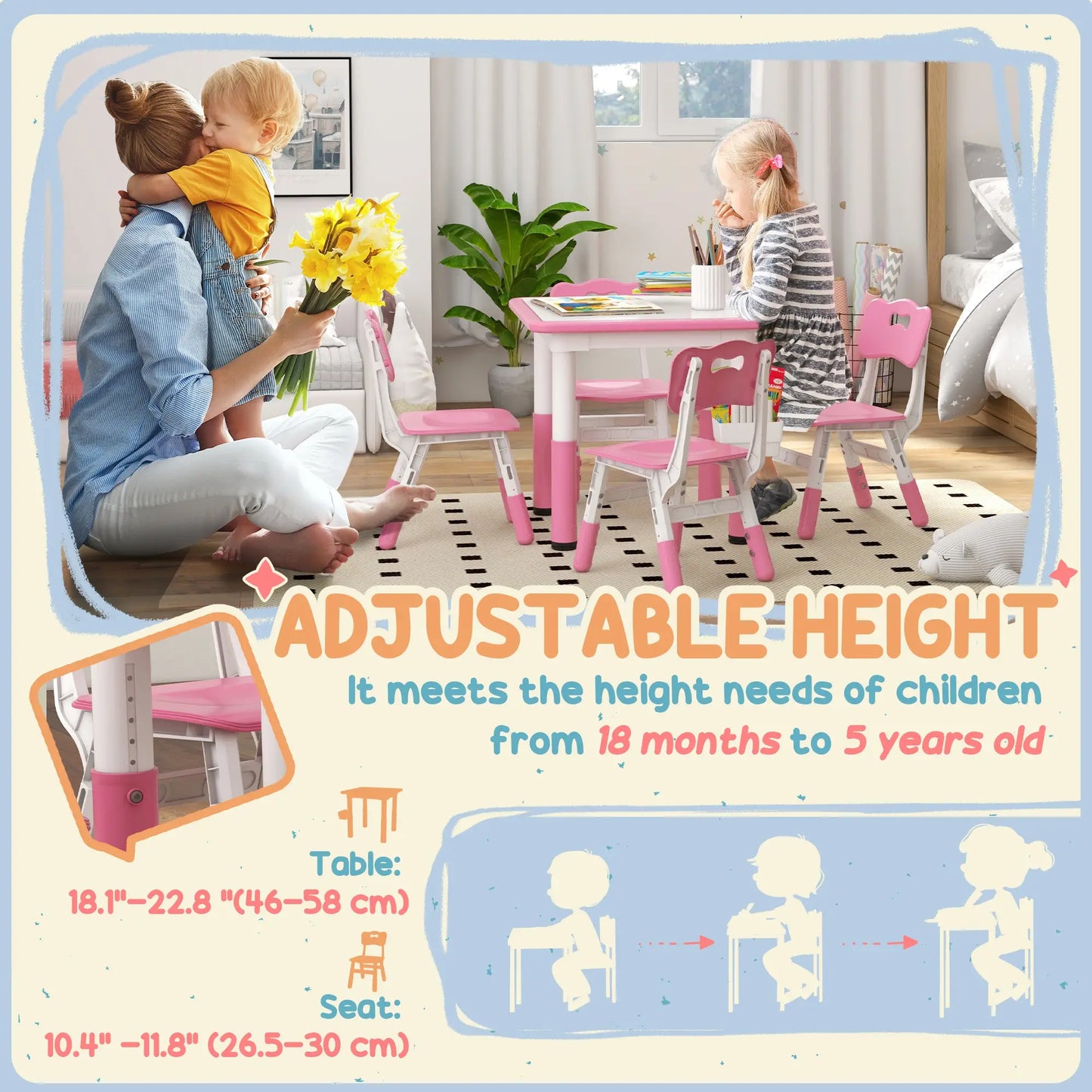 5 Pc Toddler Table and Chair Set, Adjustable Height, Pink Kids Table Sets at Gallery Canada