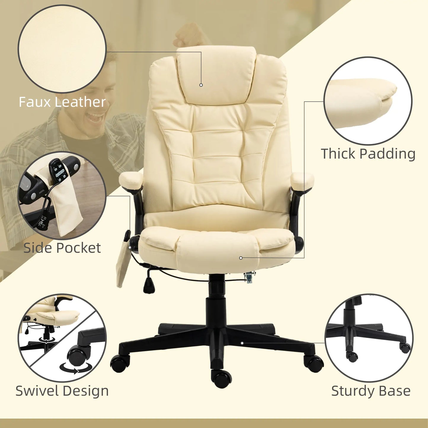 Adjustable Heated Massage Swivel Office Chair, High Back Leather, Beige Massage Chairs at Gallery Canada