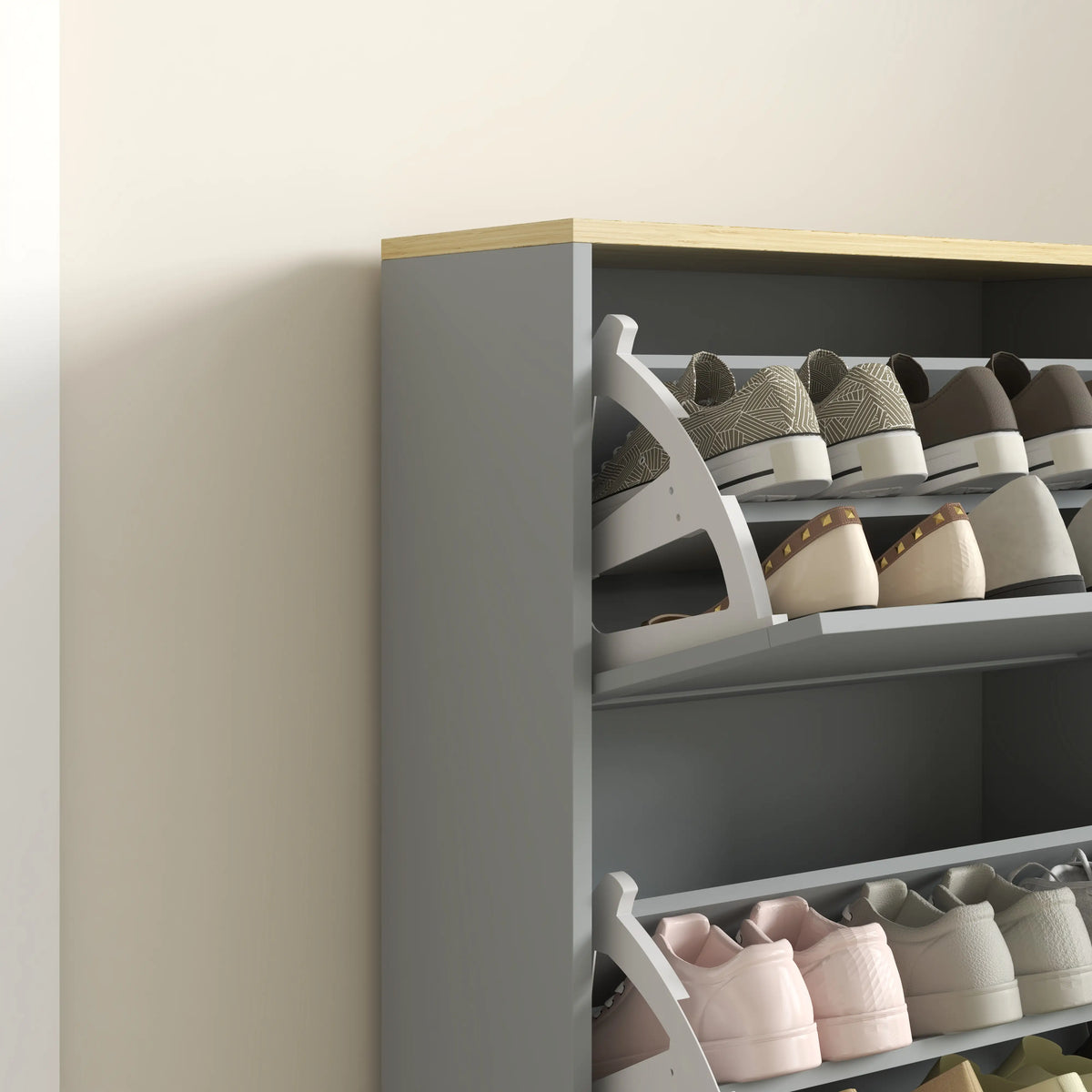 Modern Shoe Storage, 3 Flip Drawers, Adjustable Shelves, 18 Pairs, Grey Shoe Storage Cabinets & Racks at Gallery Canada