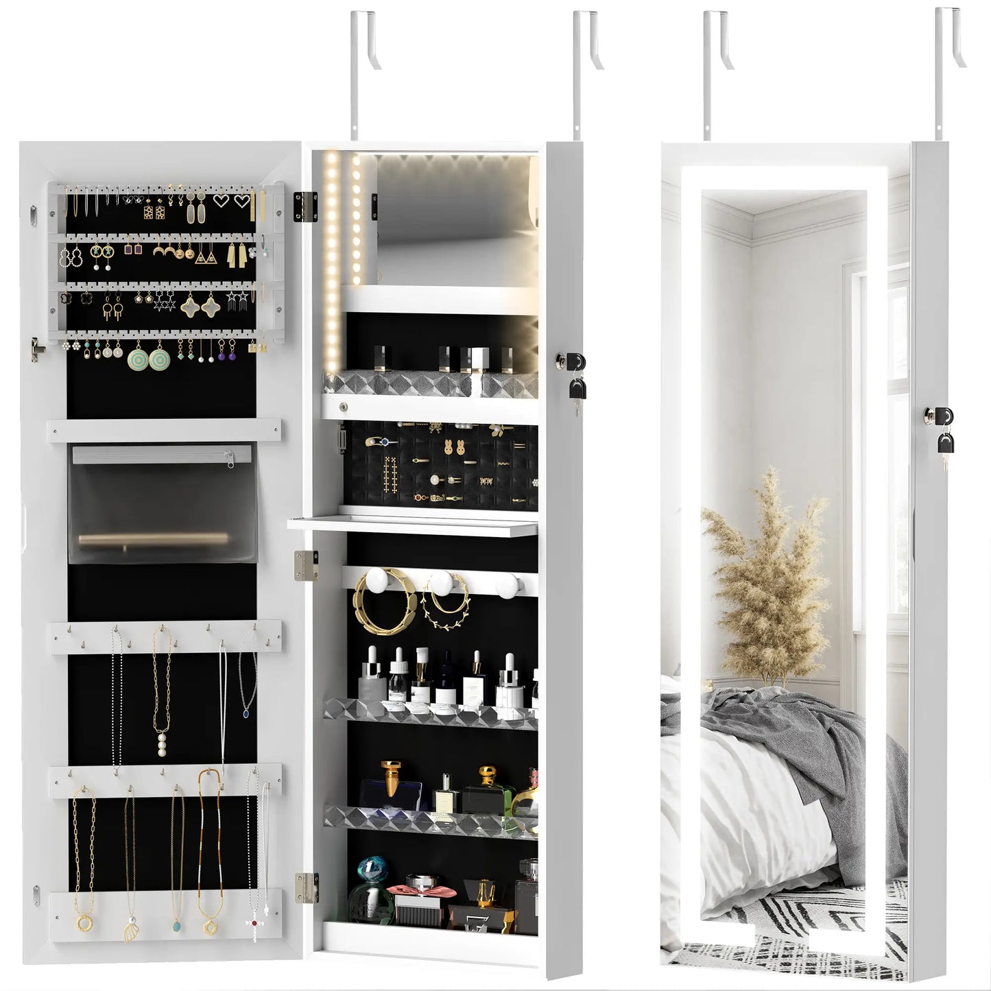 LED Lighted Jewelry Armoire with Mirror, Lockable Door, White Jewelry Armoire & Jewellery Mirror Cabinets at Gallery Canada