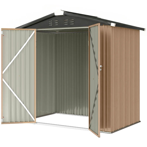 6.5' x 4' Metal Outdoor Storage Shed, Lockable Double Doors, 4 Vents, Brown