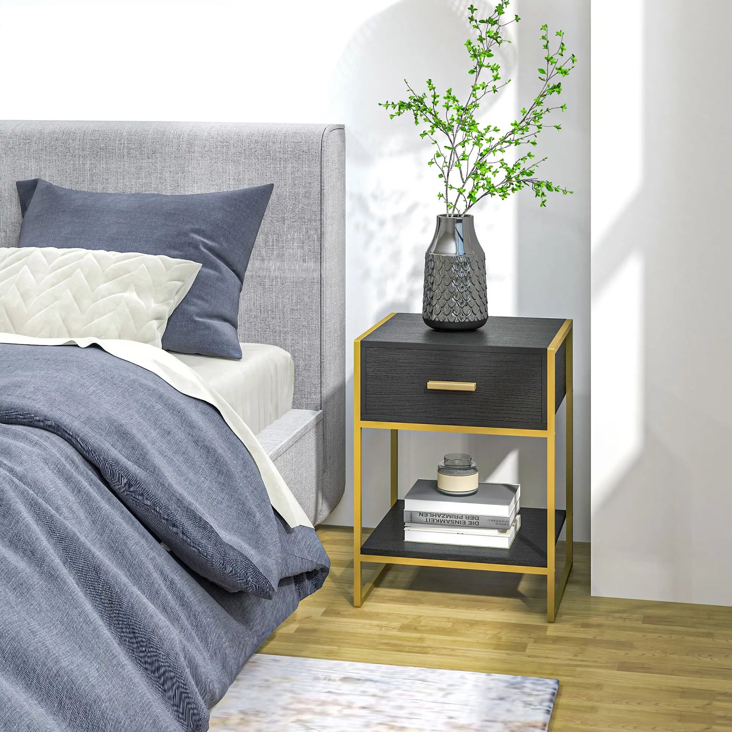 Modern Nightstand Set of 2, Small with Drawer, Shelf, Steel Frame, Black