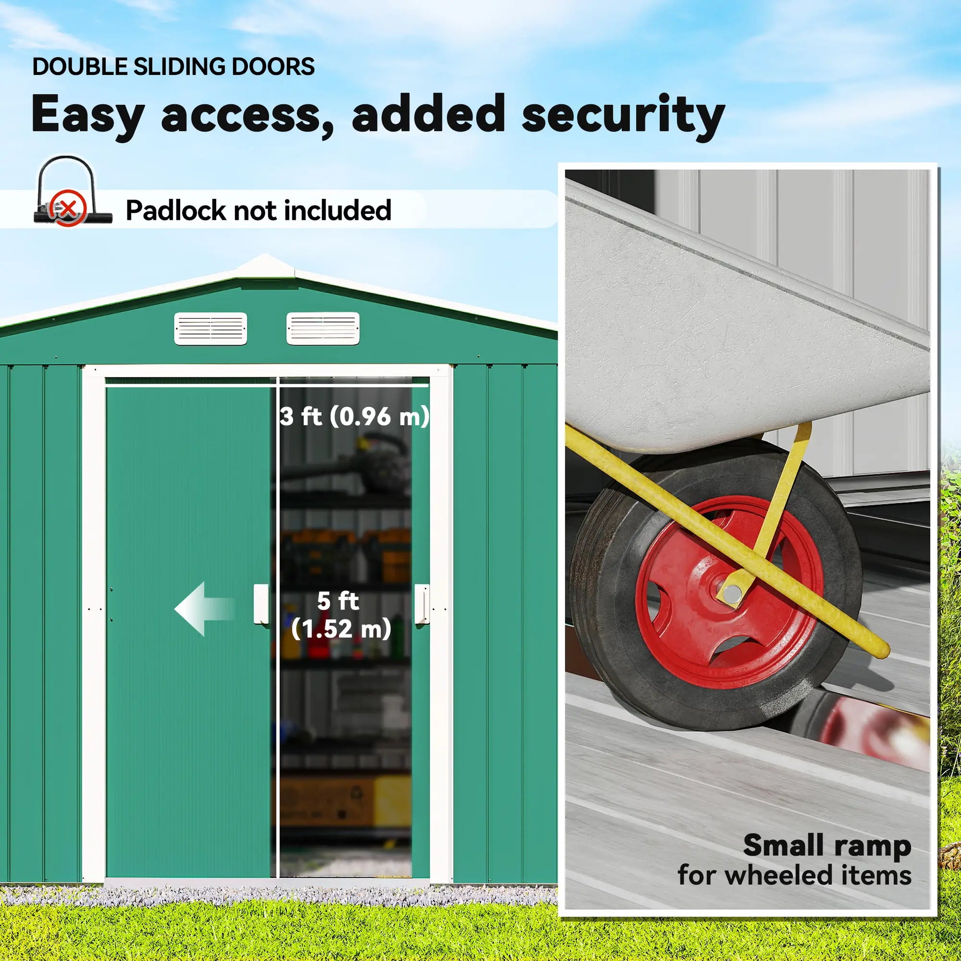 9.1' x 6.4' x 6.3' Garden Storage Shed, Foundation Kit, Metal Tool House, Double Doors, Green Sheds at Gallery Canada