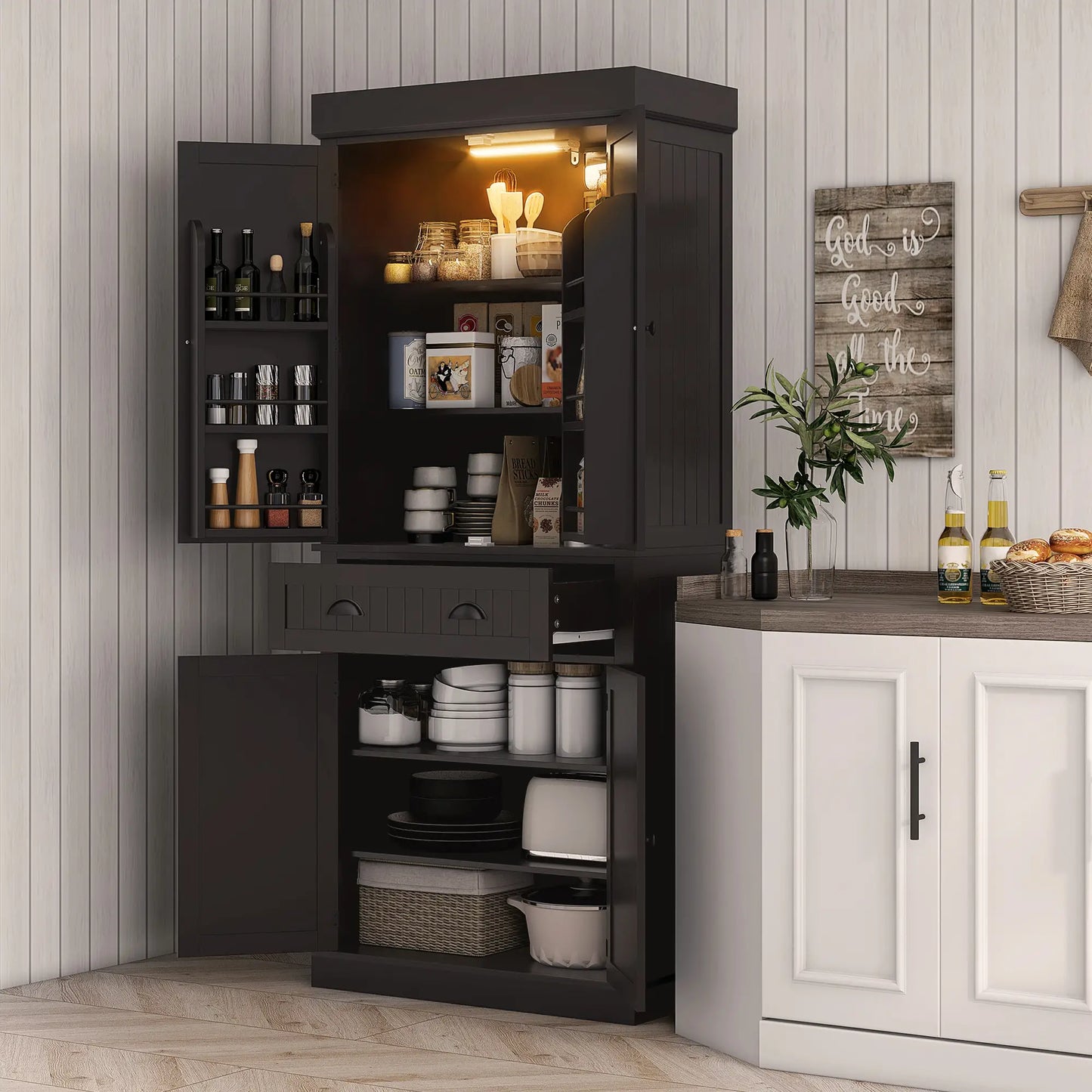 71" Kitchen Pantry Cabinet, LED Lights, 6 Spice Racks, Drawer, 4 Adjustable Shelves, Black Kitchen Pantry Cabinets at Gallery Canada