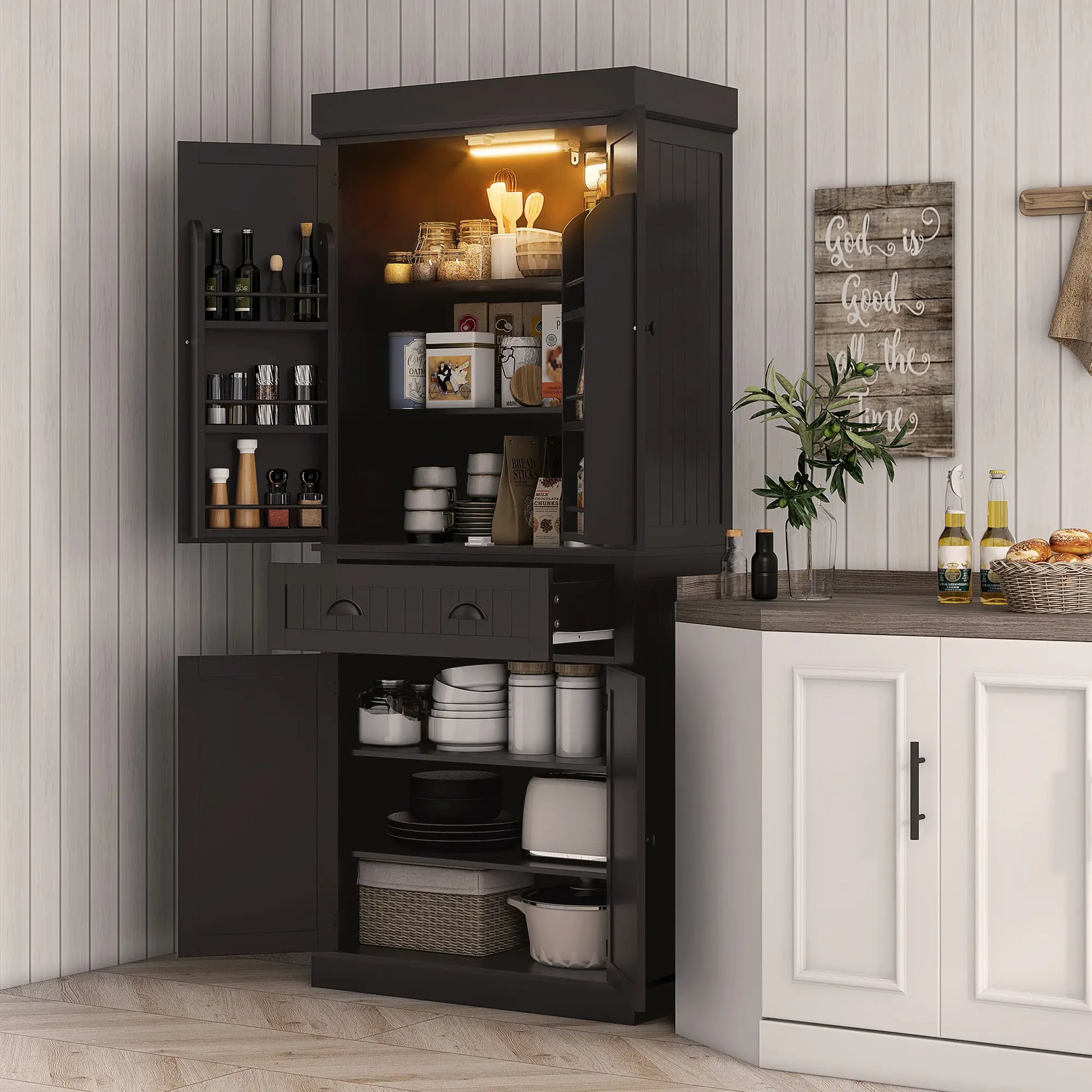 71" Kitchen Pantry Cabinet, LED Lights, 6 Spice Racks, Drawer, 4 Adjustable Shelves, Black Kitchen Pantry Cabinets at Gallery Canada