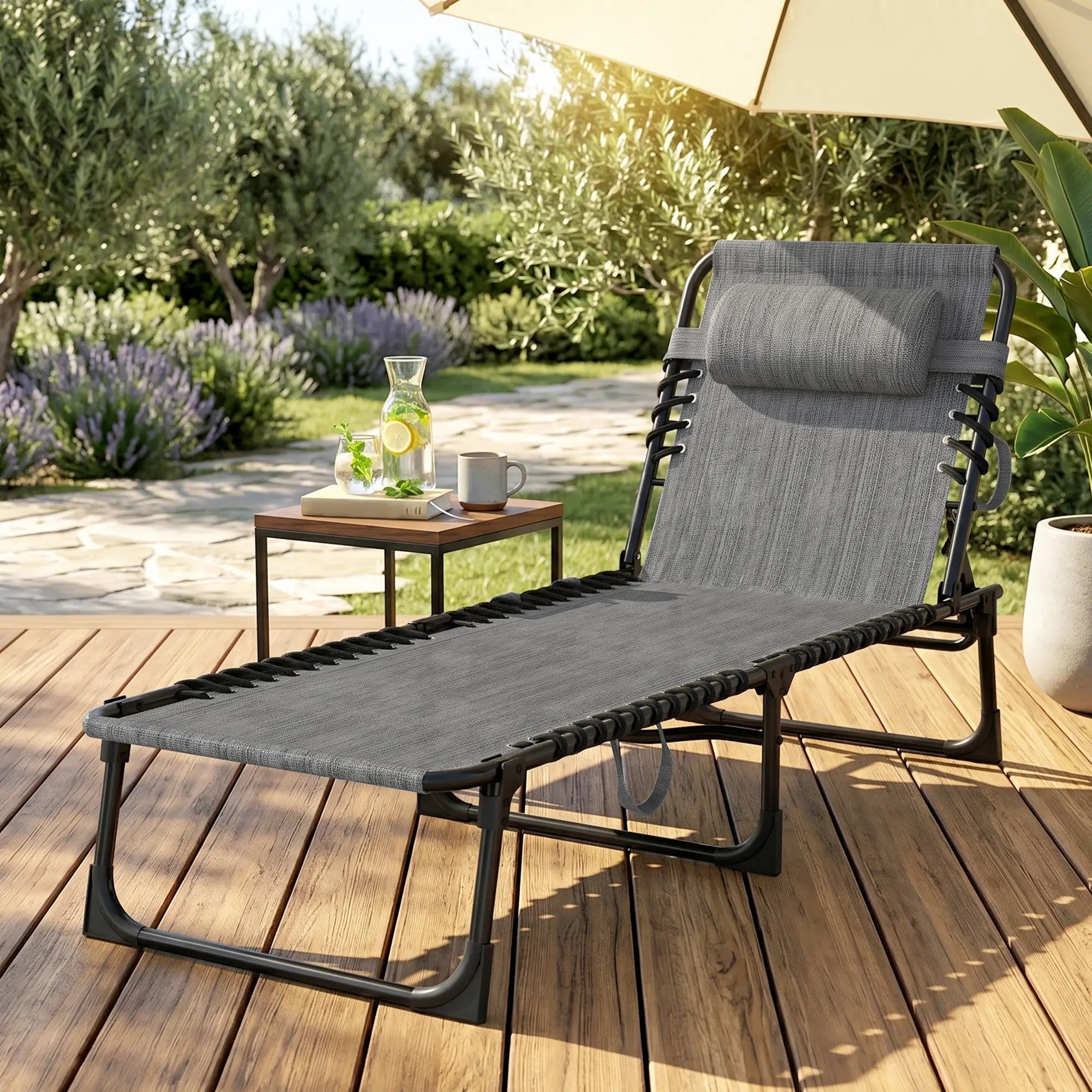 Outdoor Folding Chaise Lounge, Adjustable Backrest, Removable Pillow, Mixed Grey, Grey Lounger Chairs at Gallery Canada