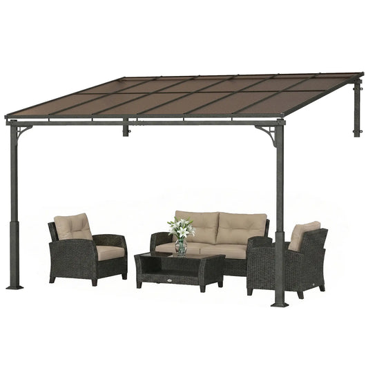 11' x 10' Outdoor Pergola, Wall Mounted Hardtop Gazebo, Polycarbonate Roof Pergolas Brown at Gallery Canada