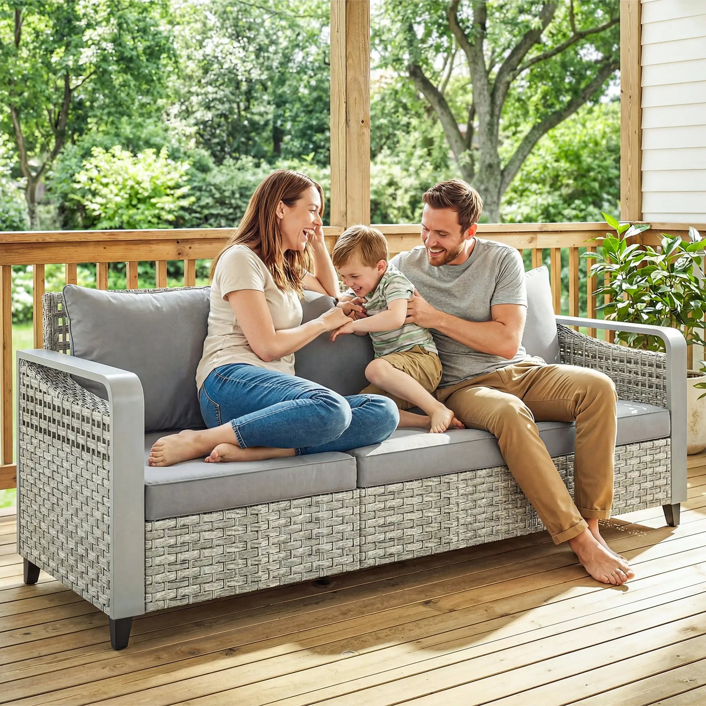 Rattan Wicker Sofa, 3-Seater Outdoor Couch With Cushions, Grey Patio Furniture Sets at Gallery Canada