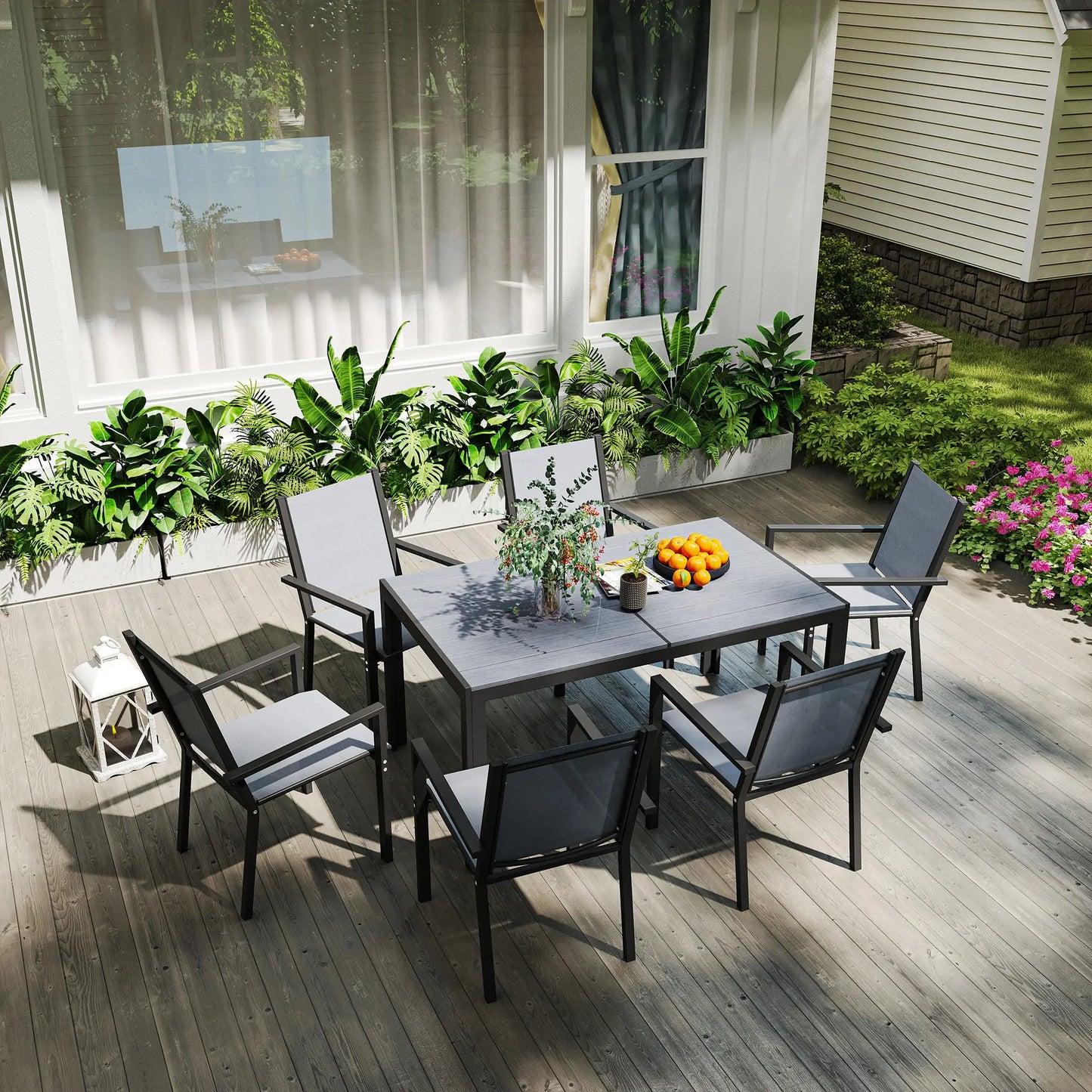 7 Piece Outdoor Dining Set, Rectangular Table, 6 Stackable Chairs Outdoor Dining Sets at Gallery Canada