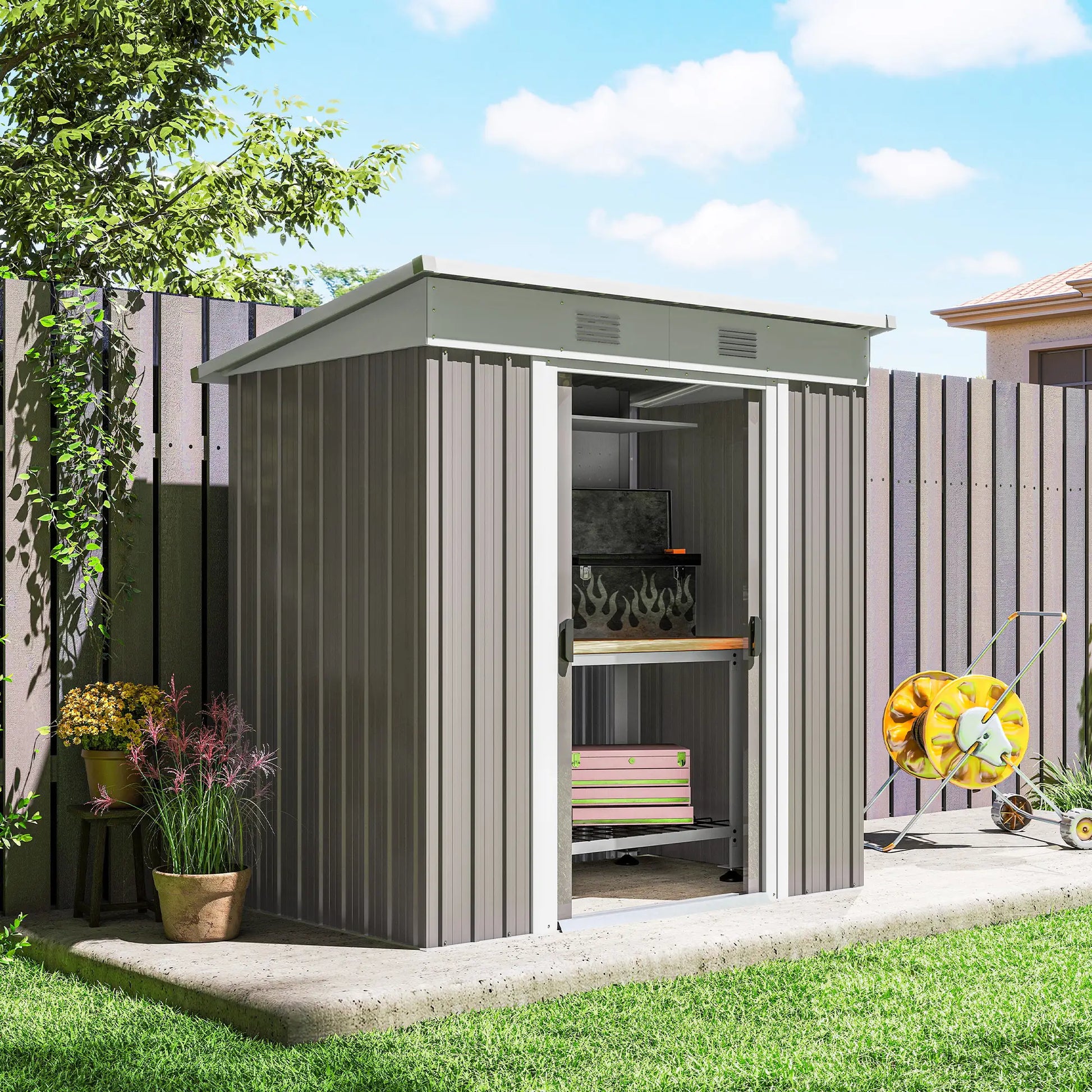 6' x 4' Outdoor Storage Shed, Metal Garden Tool Organizer, Light Grey Sheds at Gallery Canada