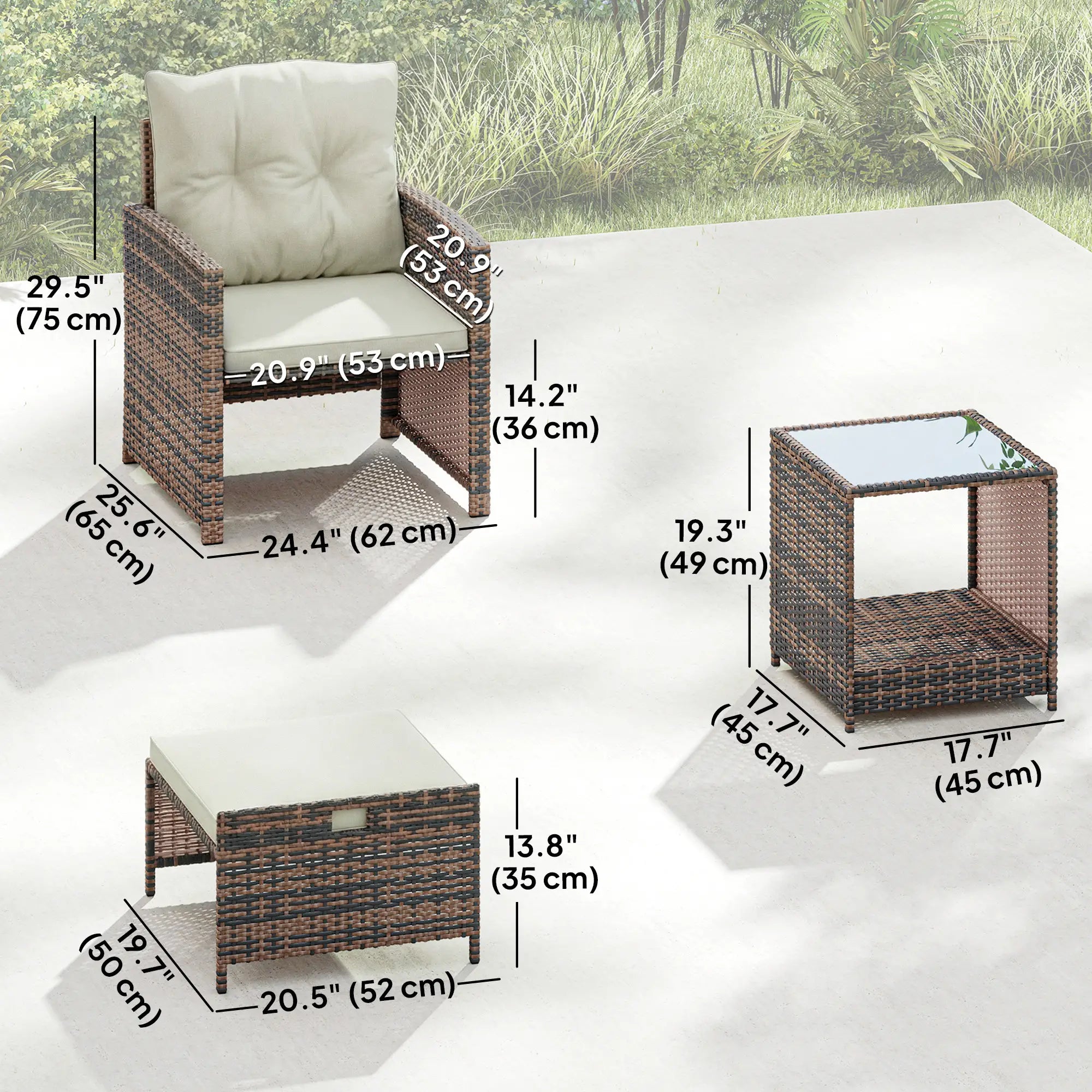 5 Piece Patio Set, Wicker Chairs With Ottomans, Glass Coffee Table, Brown Cream Patio Furniture Sets at Gallery Canada