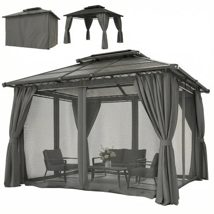 10' x 12' Outdoor Gazebo, Double Roof Hardtop, Polycarbonate Roof, Steel Frame Gazebos Black at Gallery Canada