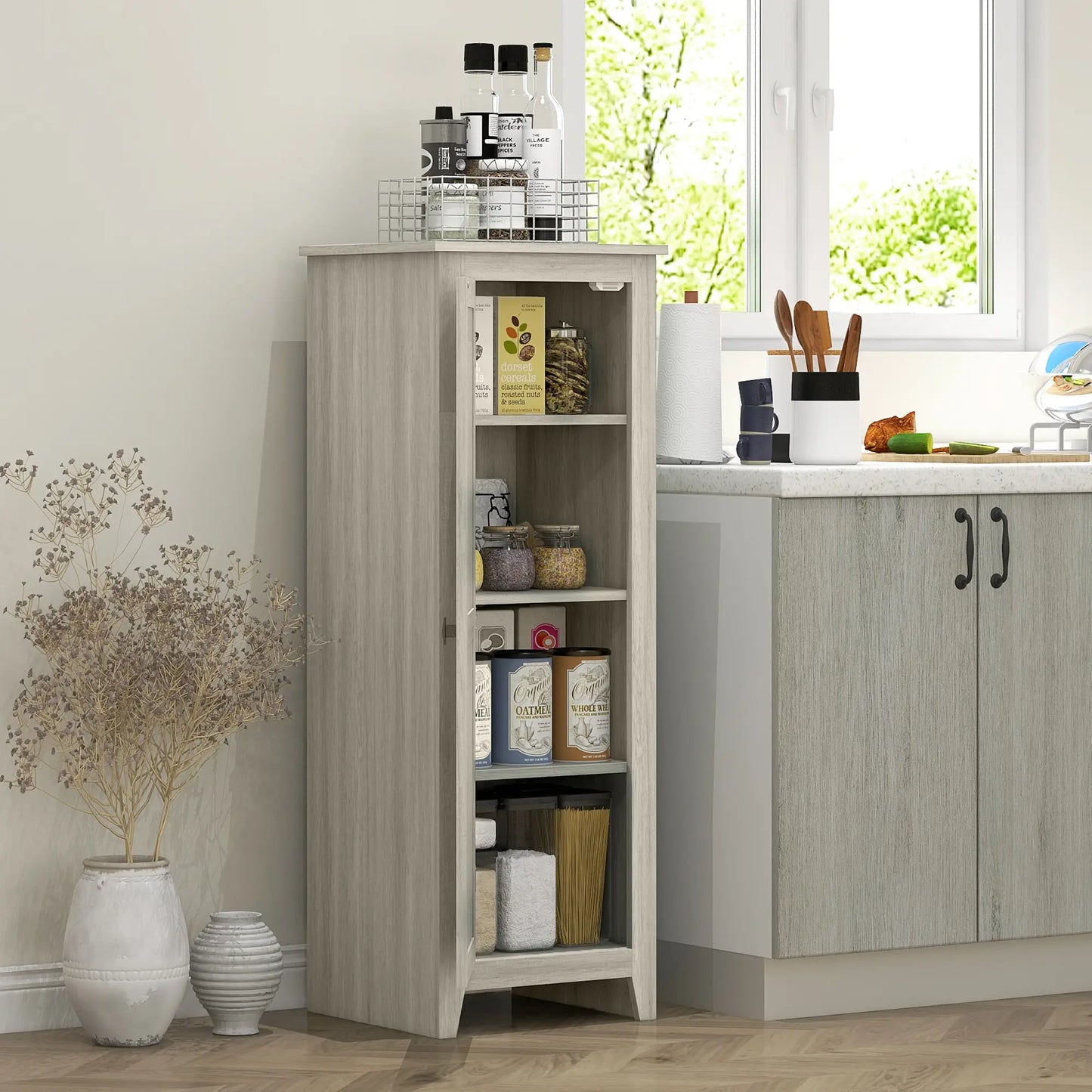 48" Kitchen Pantry Cabinet, Barn Door, Adjustable Shelves, Grey Wood Grain, Grey Kitchen Pantry Cabinets at Gallery Canada