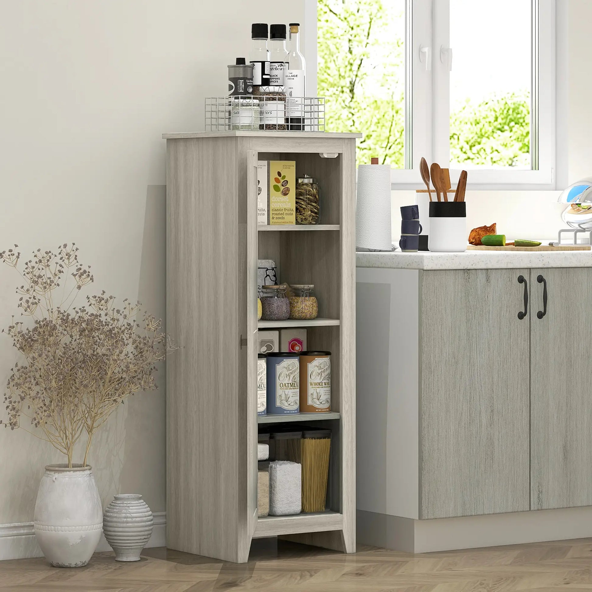 48" Kitchen Pantry Cabinet, Barn Door, Adjustable Shelves, Grey Wood Grain, Grey Kitchen Pantry Cabinets at Gallery Canada