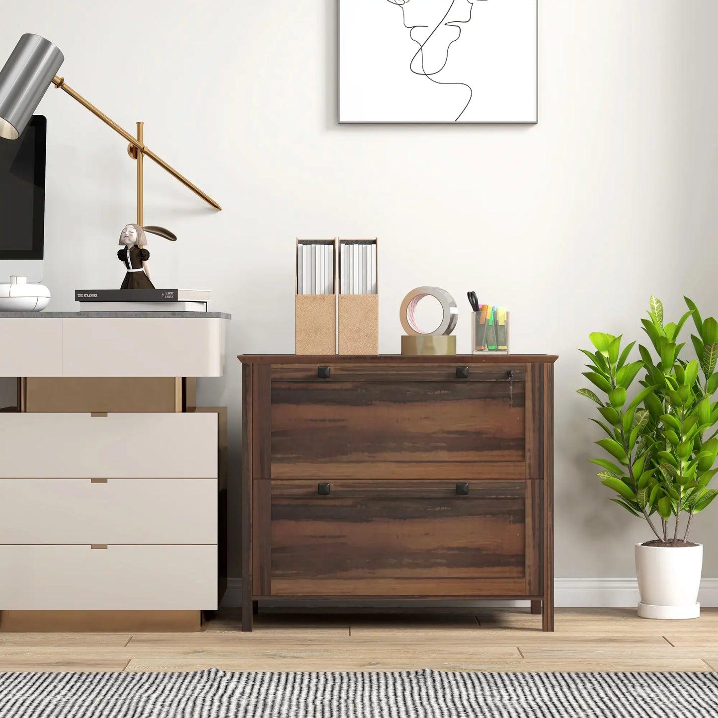 2 Drawer File Cabinet, Lockable, Adjustable Hanging Bar, Letter, A4, Legal Size, Brown Office Cabinets & Cupboards at Gallery Canada